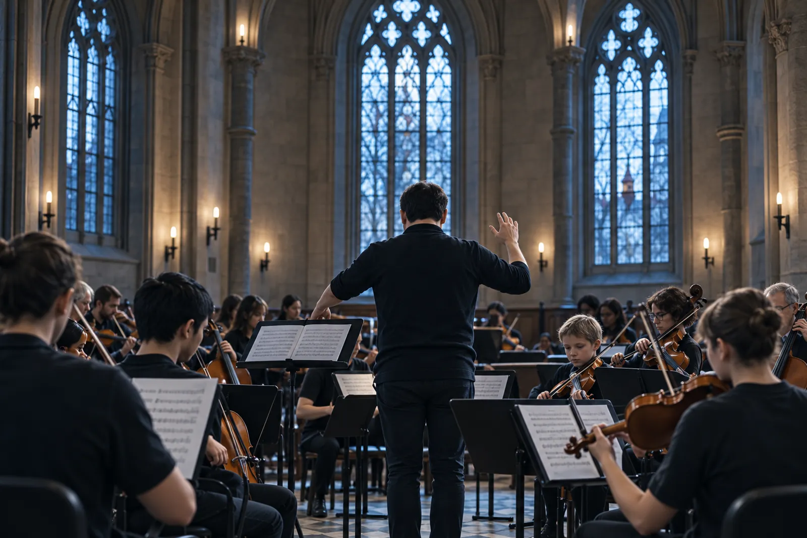 A conductor leading a mixed-age orchestra rehearsal in the chapel hall