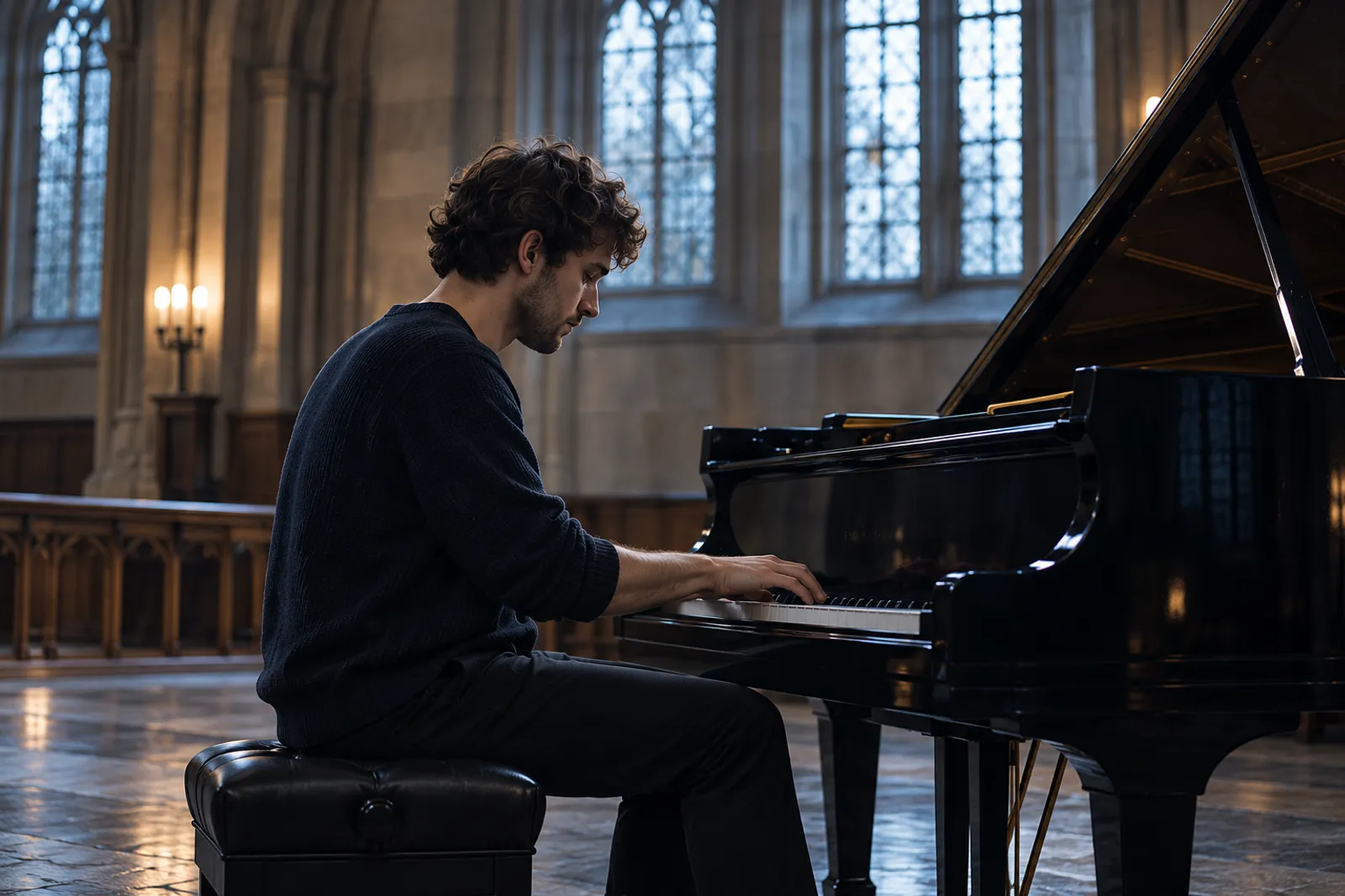 An adult student rehearsing alone at the grand piano in the recital hall