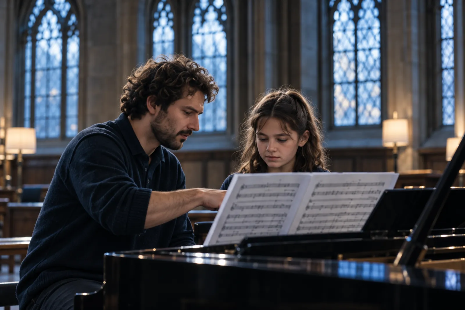 A teacher and a girl reading a score together at the piano