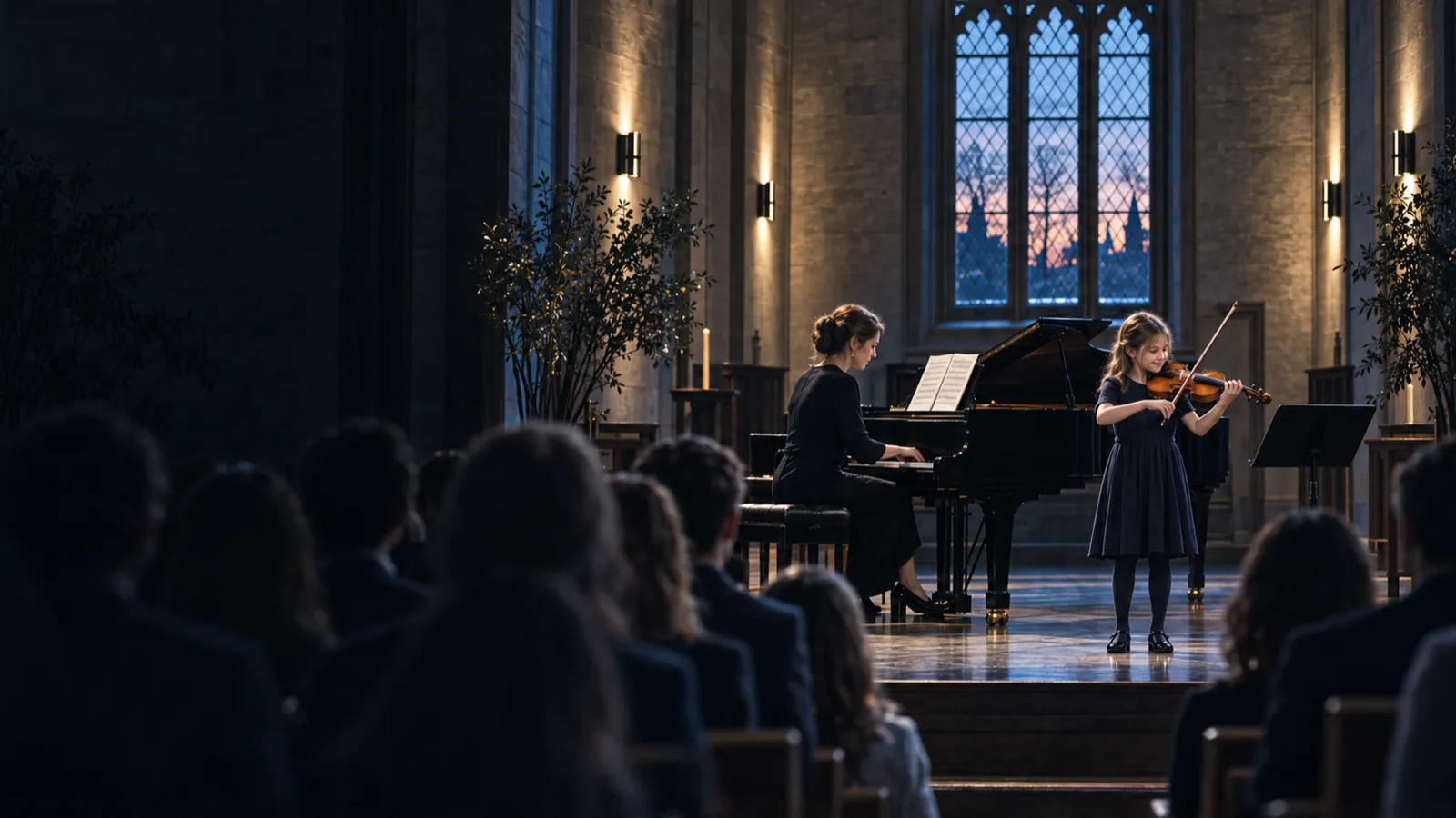 The winter recital: a girl playing the violin on stage beside her accompanist at the grand piano, the audience in silhouette