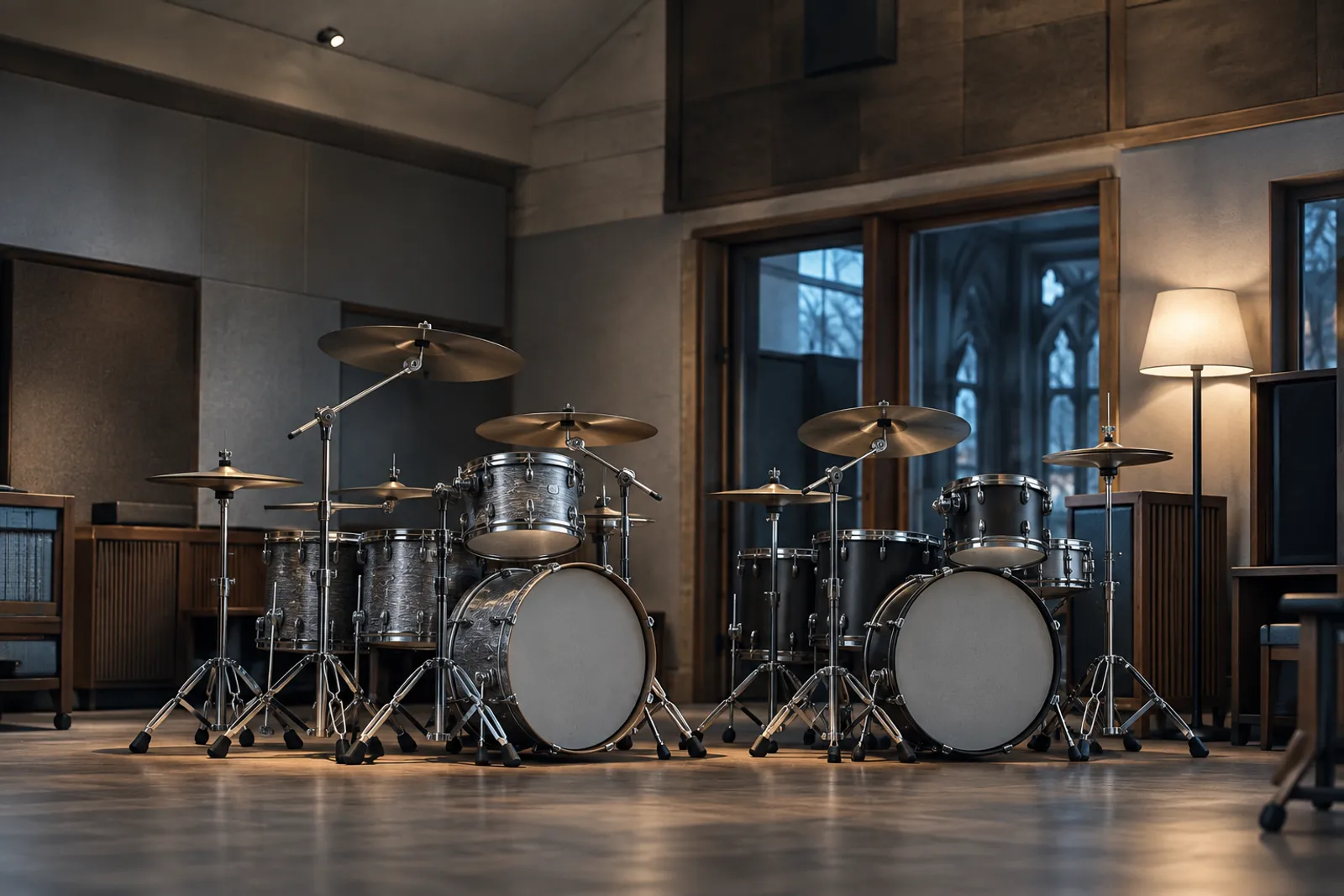 The drum booth: two drum kits on a wooden floor beside a lamp