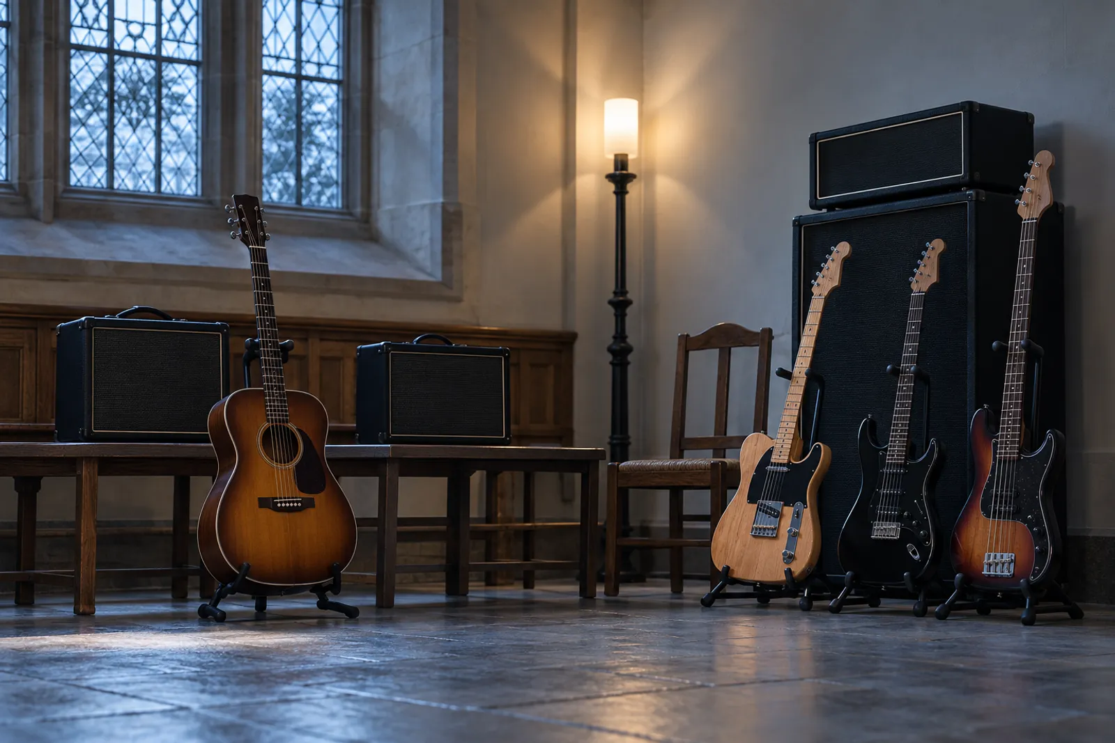 The guitar room: acoustic and electric guitars on stands beside amplifiers under a tall window