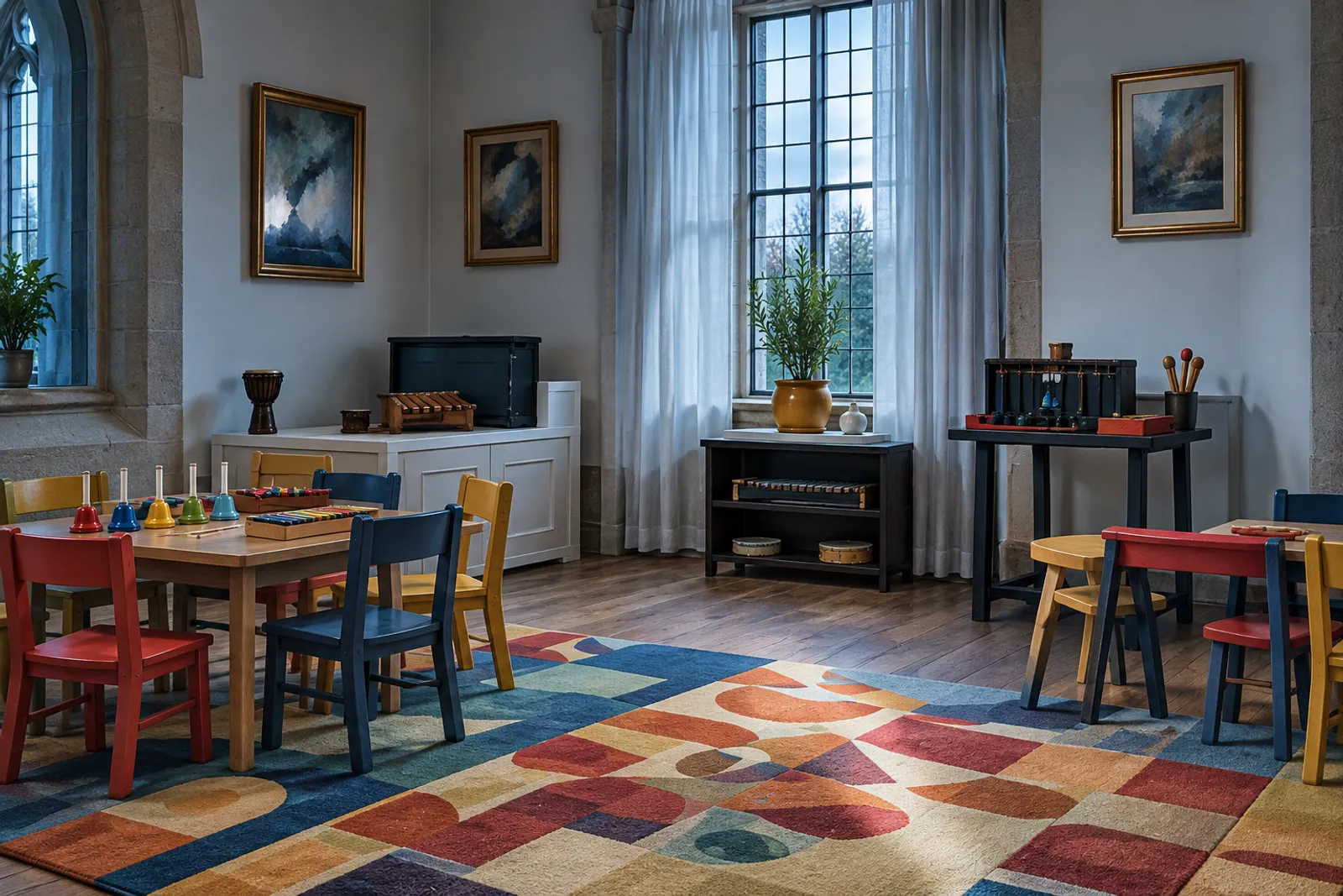 The Little Notes room: small coloured chairs, a patterned rug and a table of handbells and xylophones