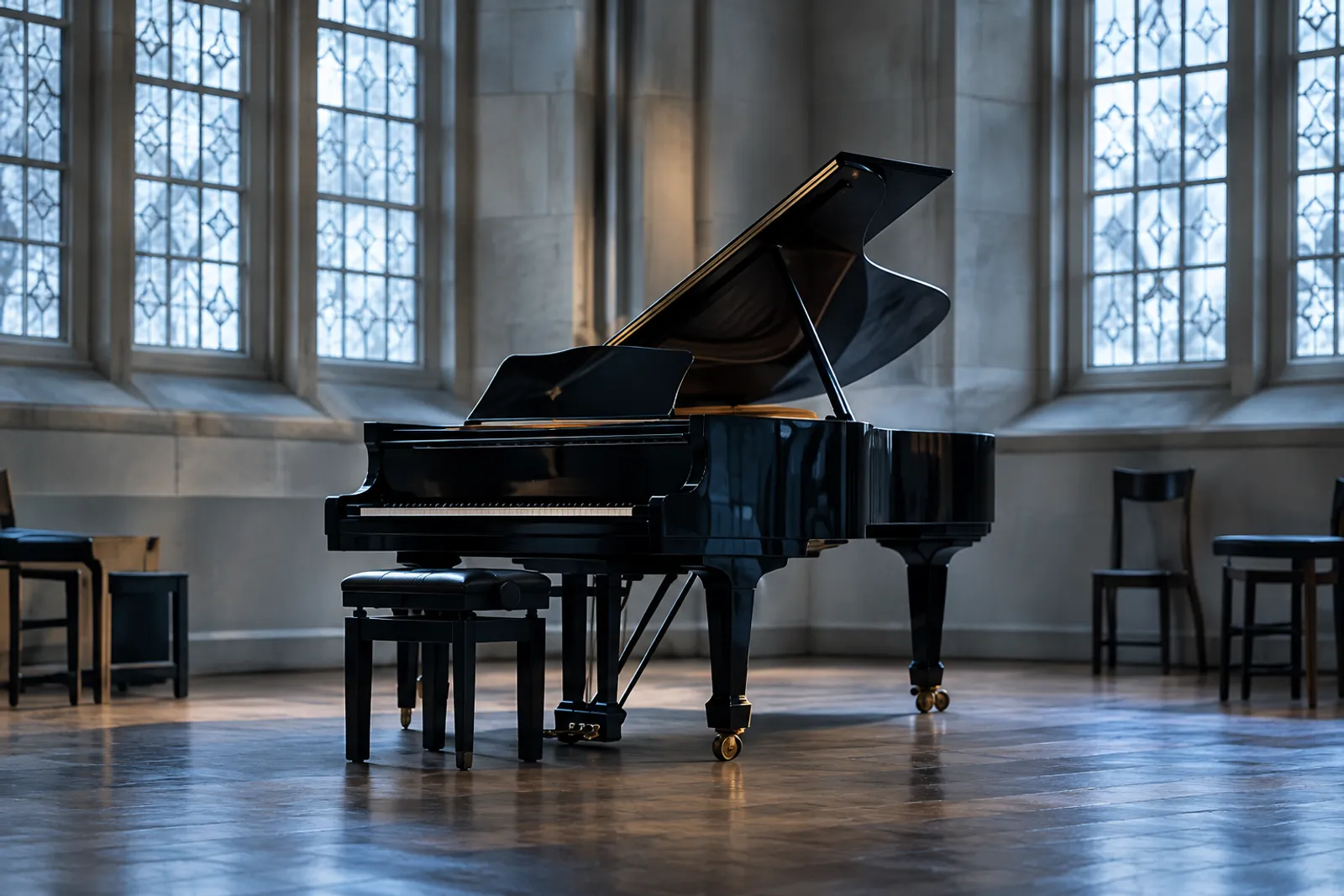 The empty piano room: a black grand piano and bench before two tall windows