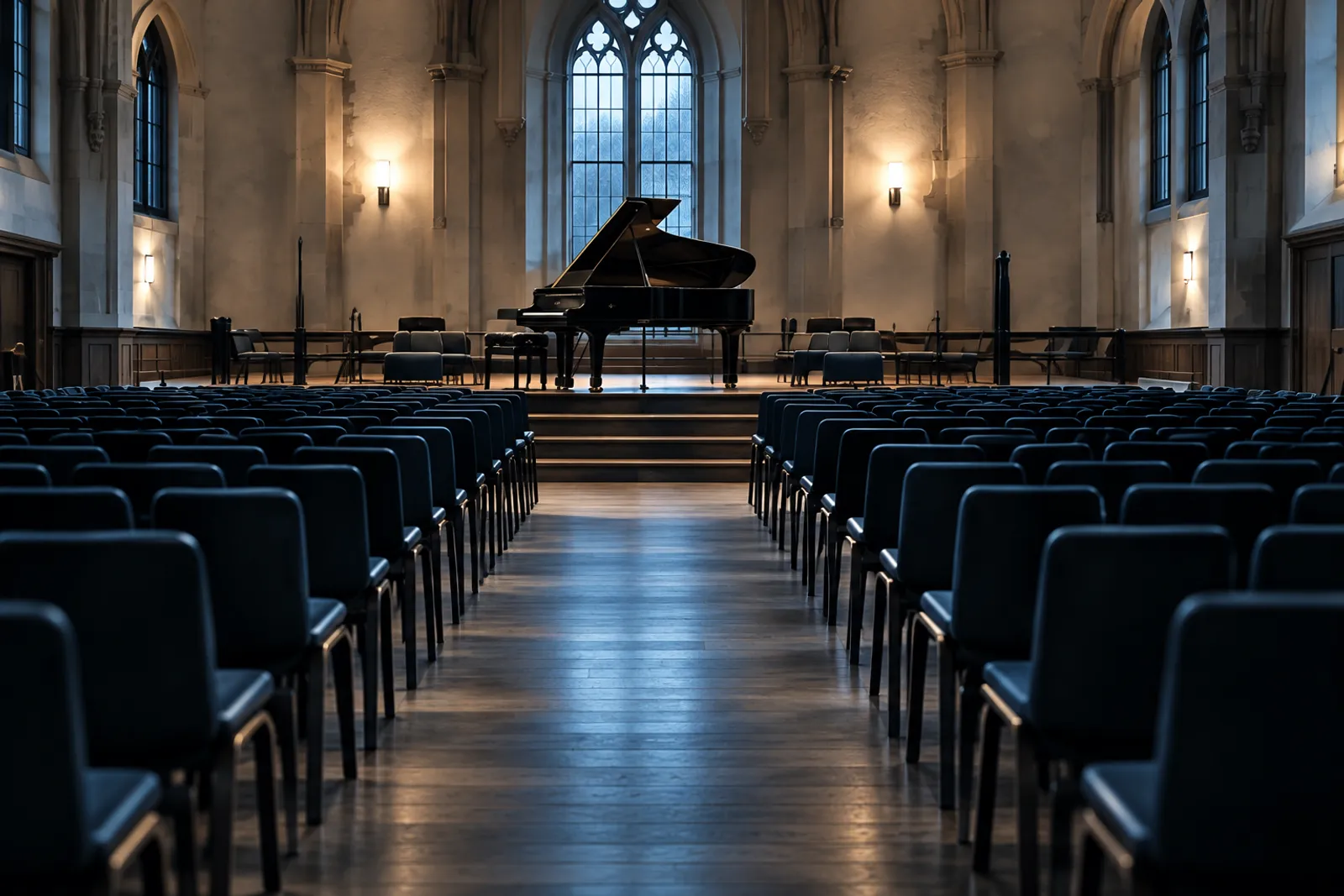 The recital hall: rows of dark chairs facing a stage with a grand piano under arched windows