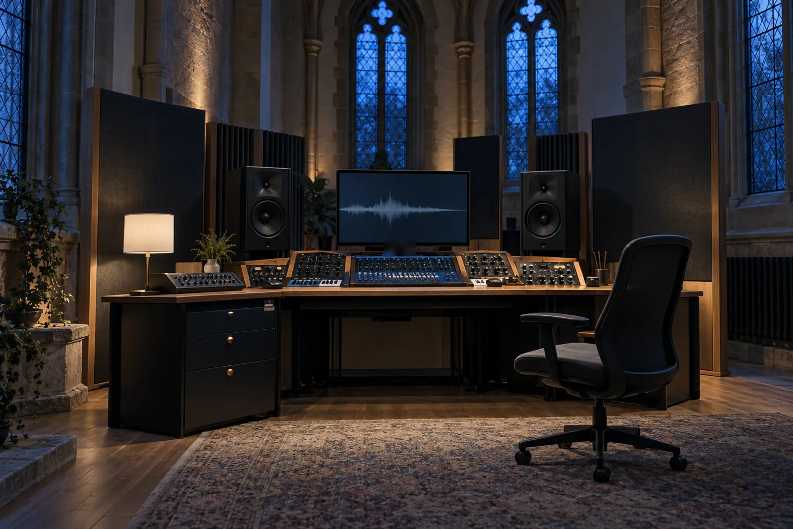 The recording room: a mixing desk, two speakers and a screen showing a waveform, a chair in front