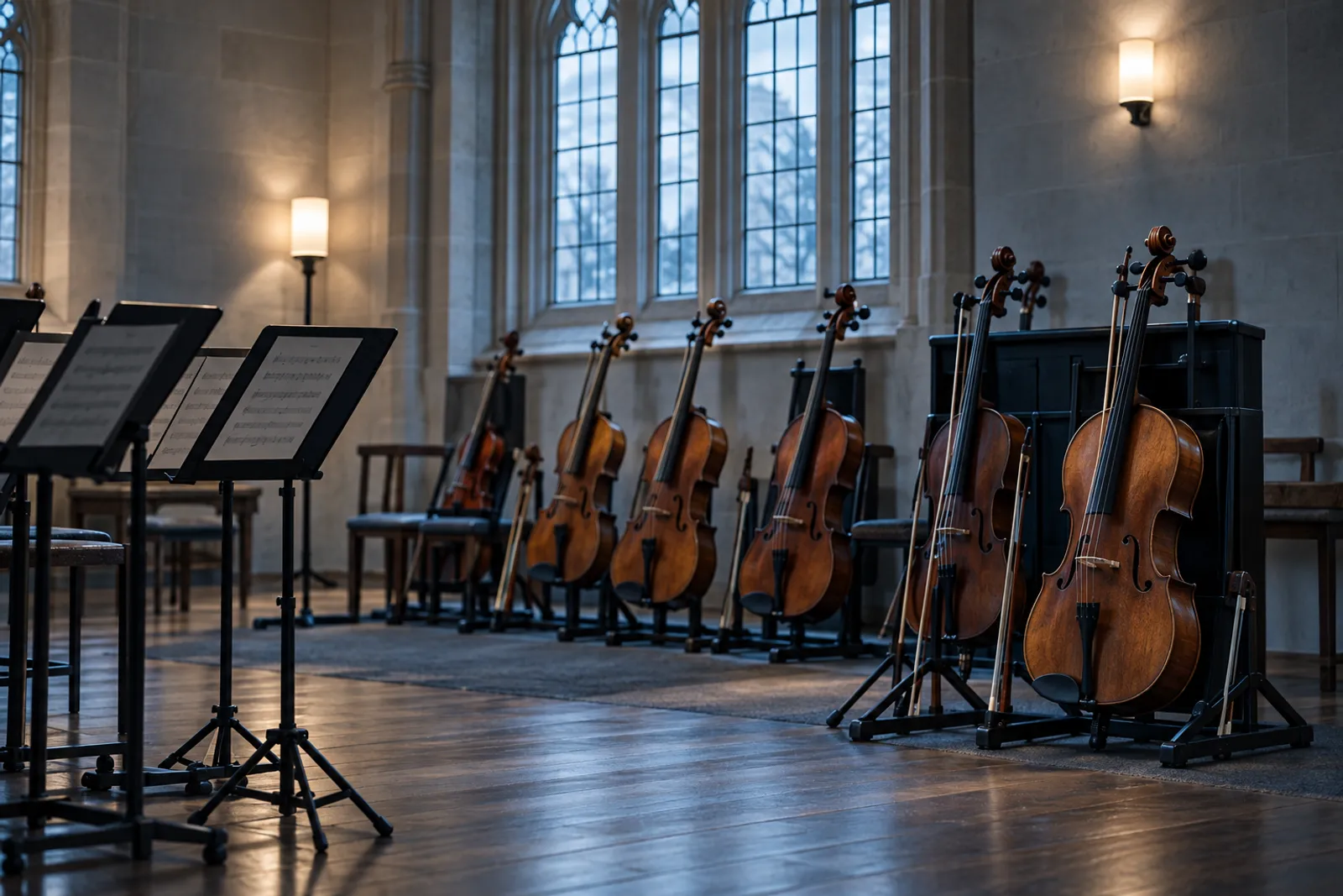 The string room: violins and cellos of several sizes on stands beside music stands