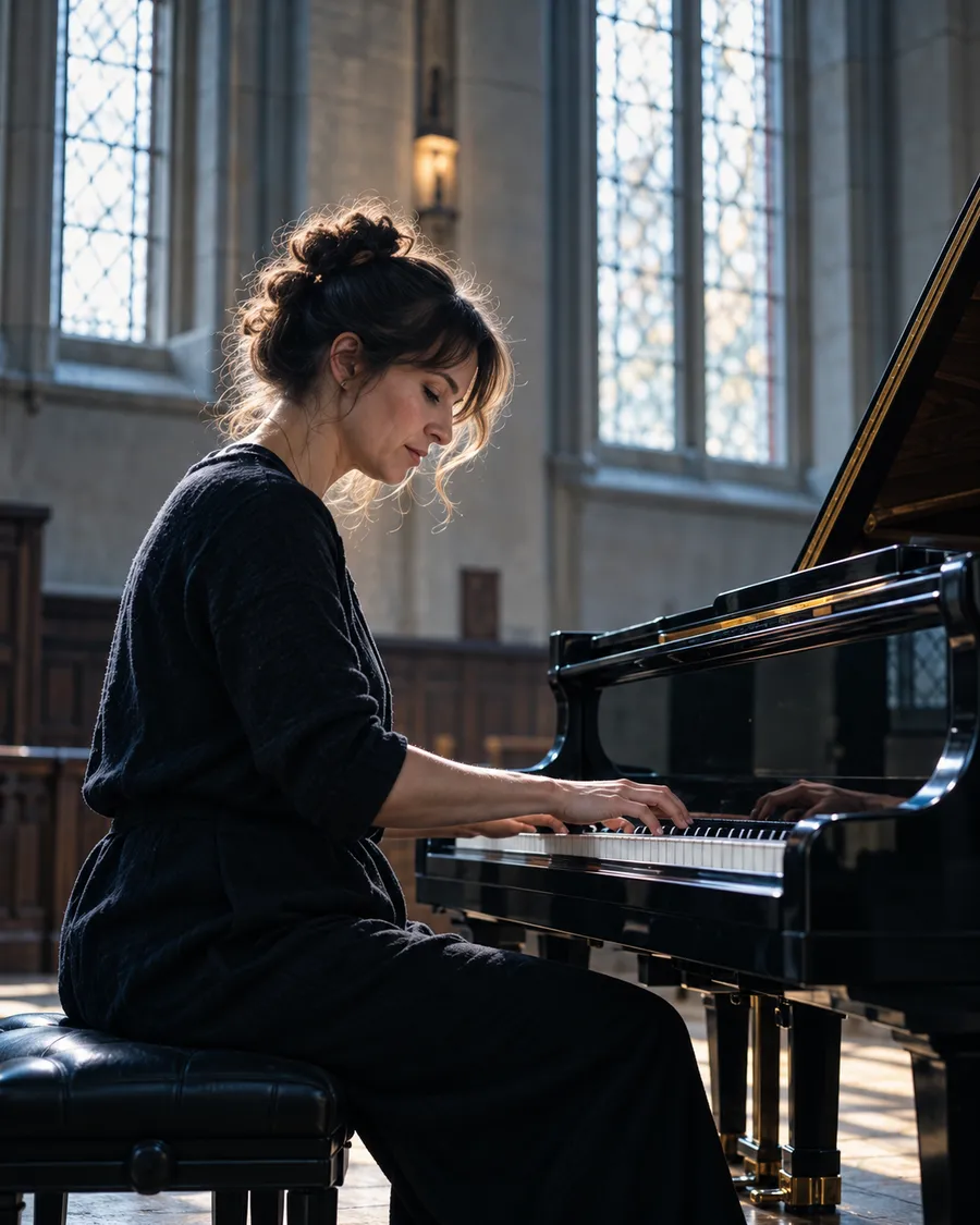 Rosa Albright playing the grand piano in the tall-windowed piano room, her eyes on the keys