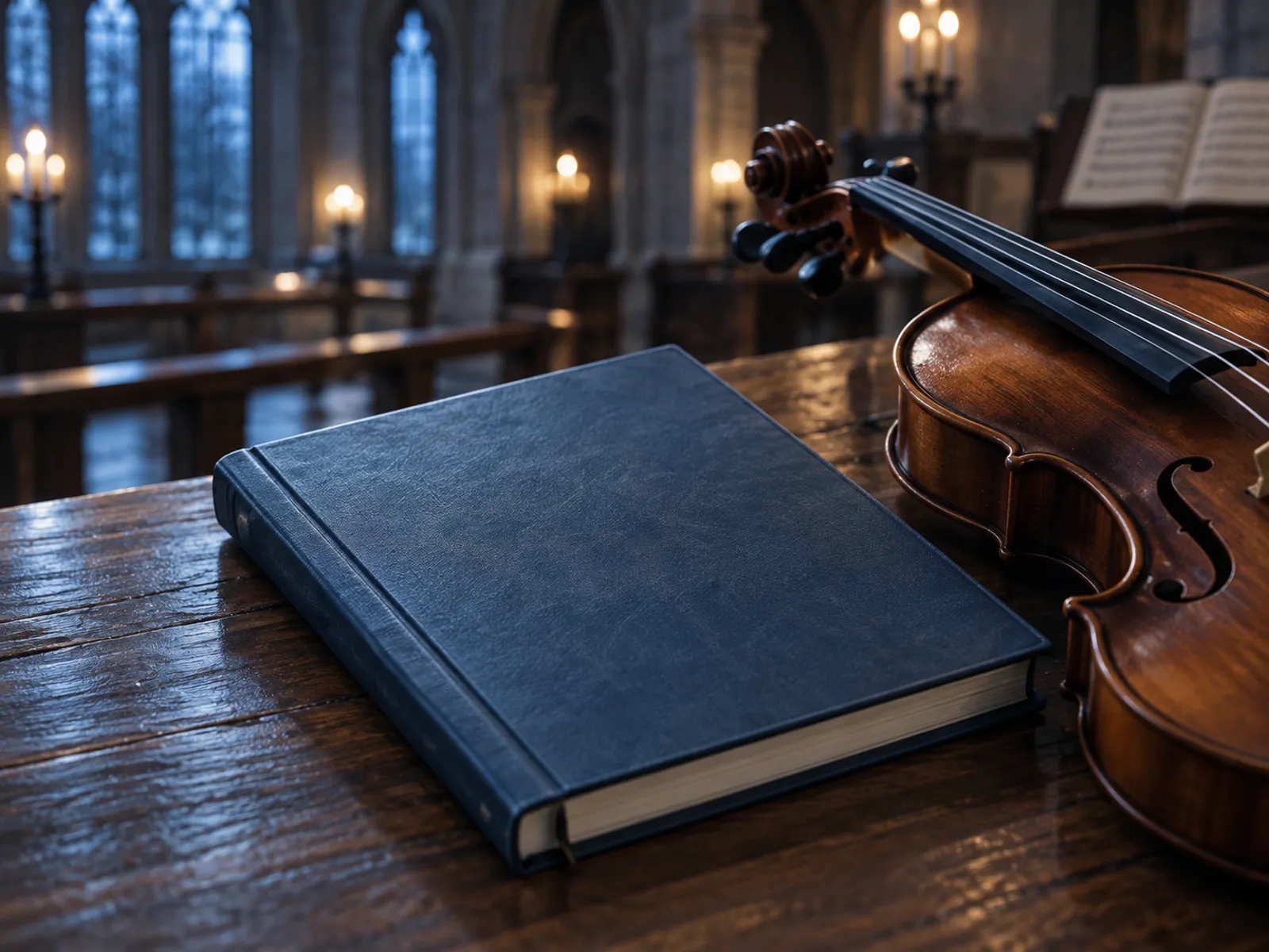 A closed dark-blue music book on a wooden table beside a violin