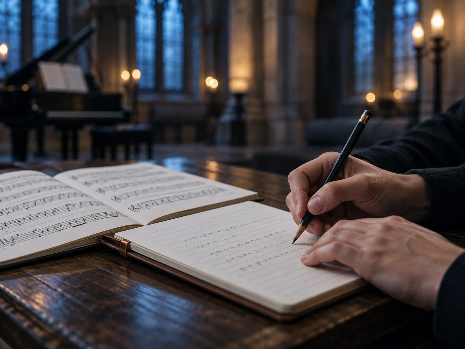 A hand writing a practice plan in pencil beside an open book of sheet music