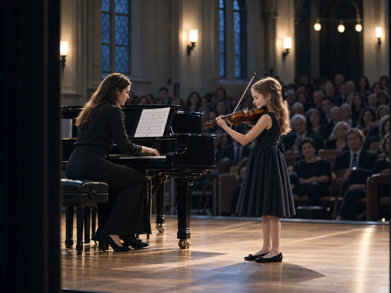 A girl playing the violin on the recital stage beside her accompanist at the grand piano