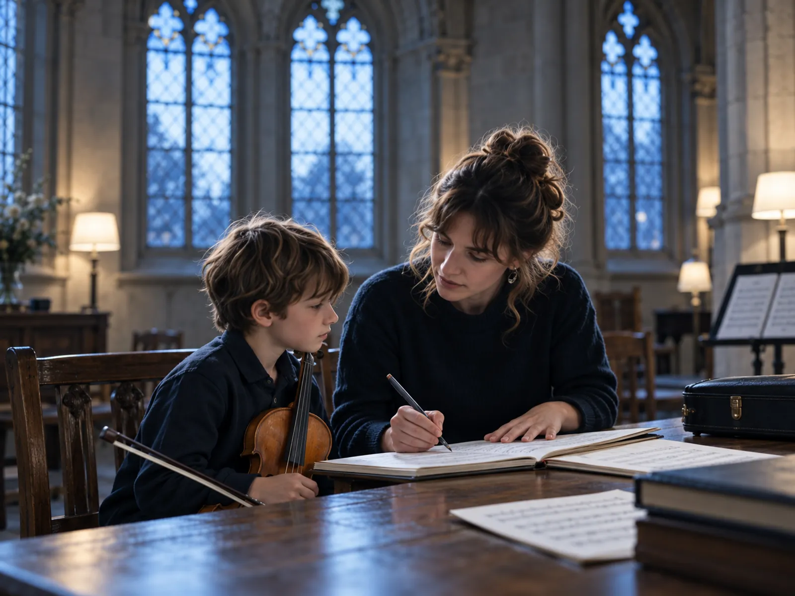 A teacher writing in a notebook beside a boy holding his violin