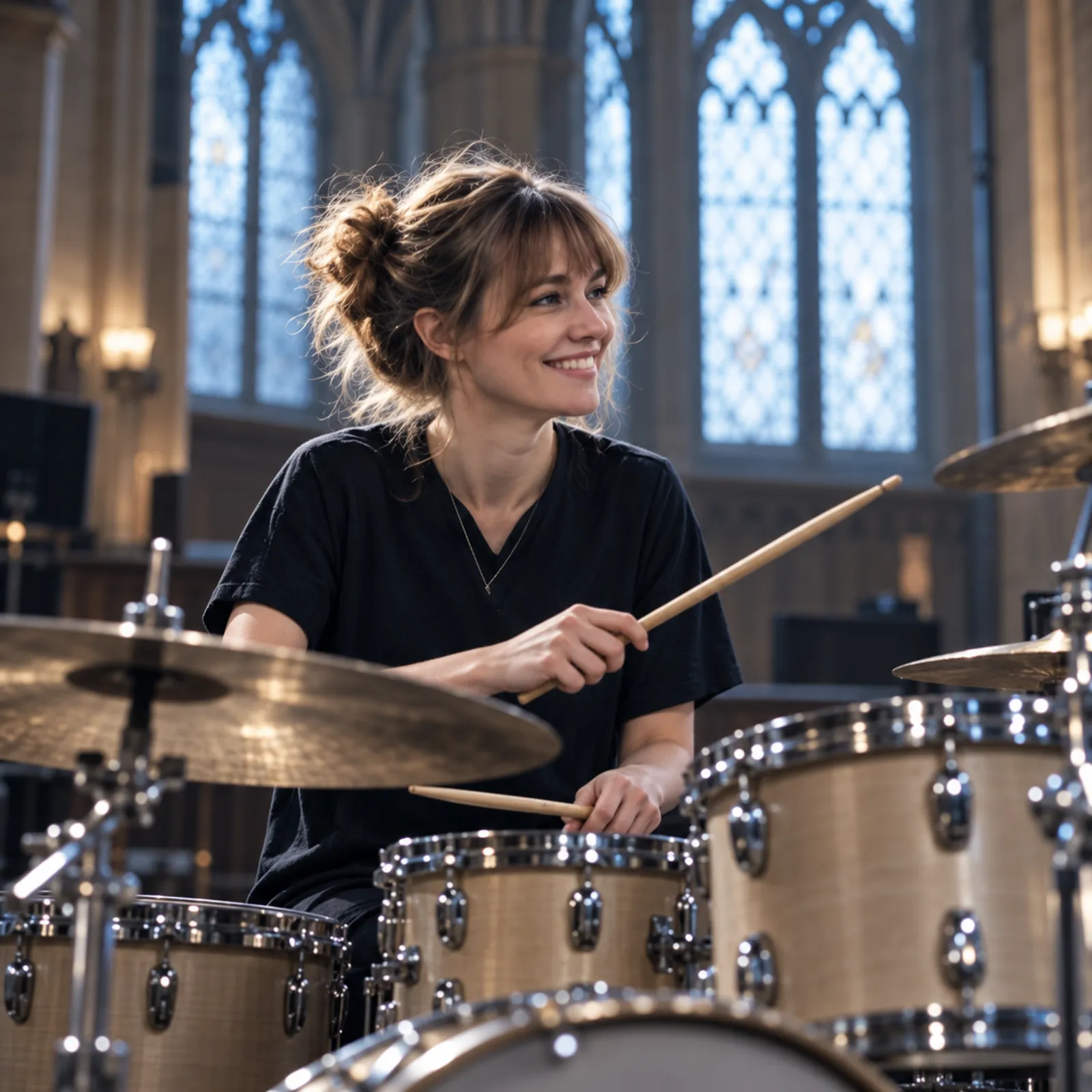 Freya Lund smiling behind her drum kit with sticks raised