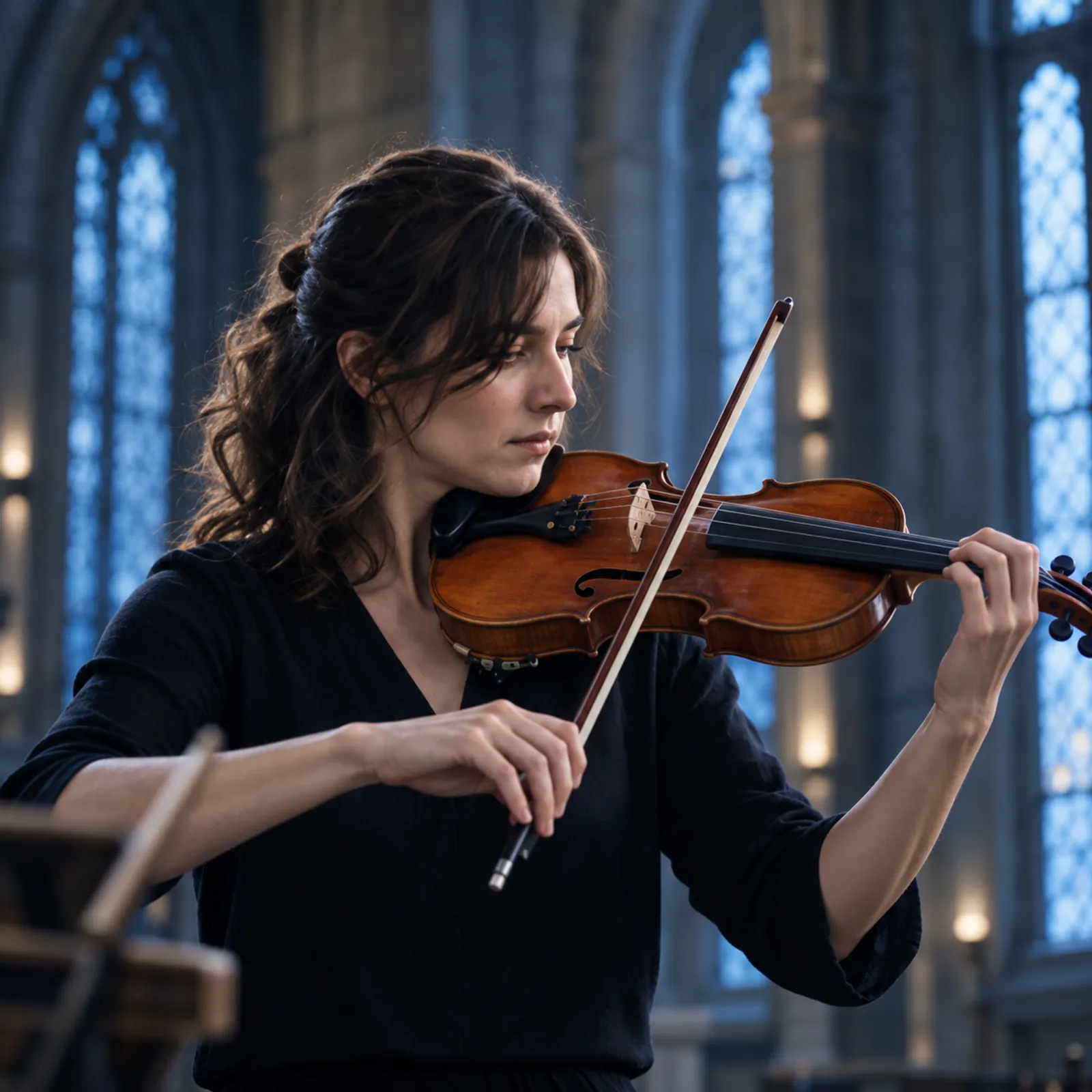 Inés Carrow playing the violin, looking down at her instrument