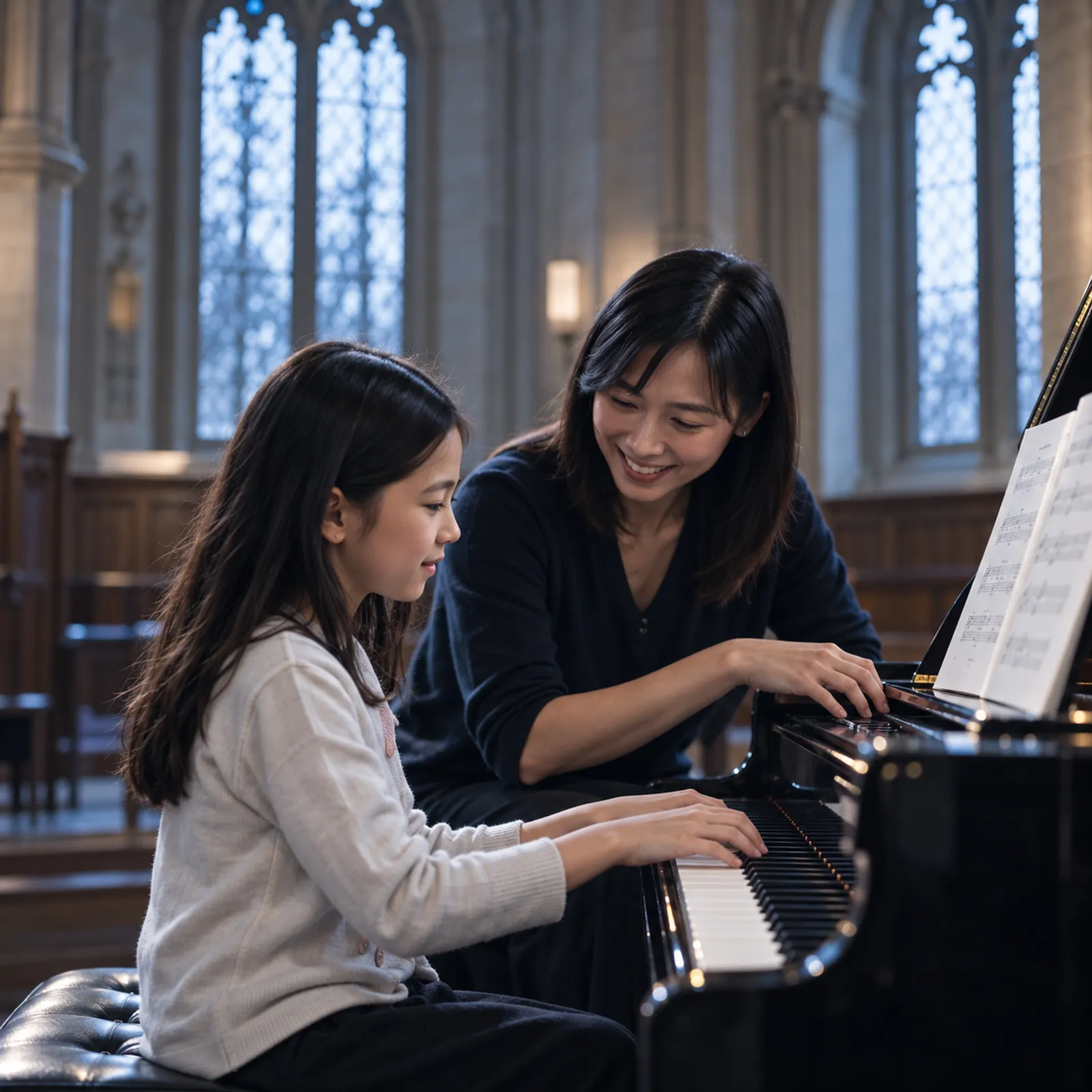 Mei Tan smiling beside a young student at the piano