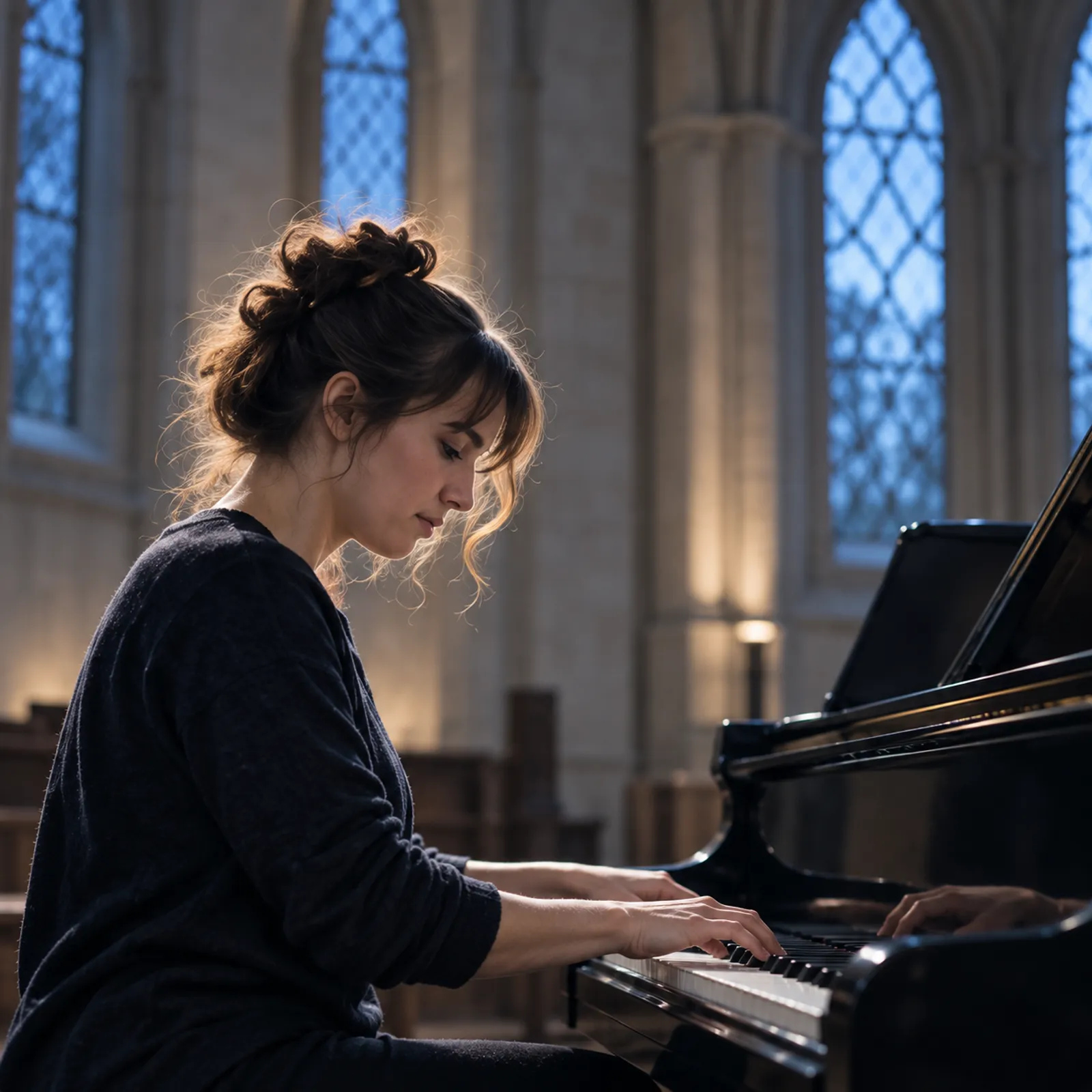 Rosa Albright at the grand piano, her eyes lowered to the keys