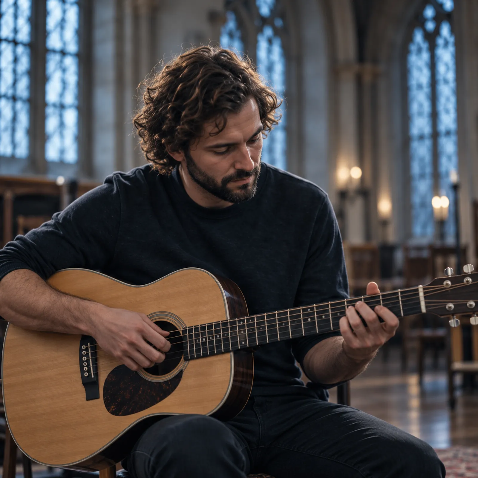 Theo Marsh playing an acoustic guitar in the chapel hall