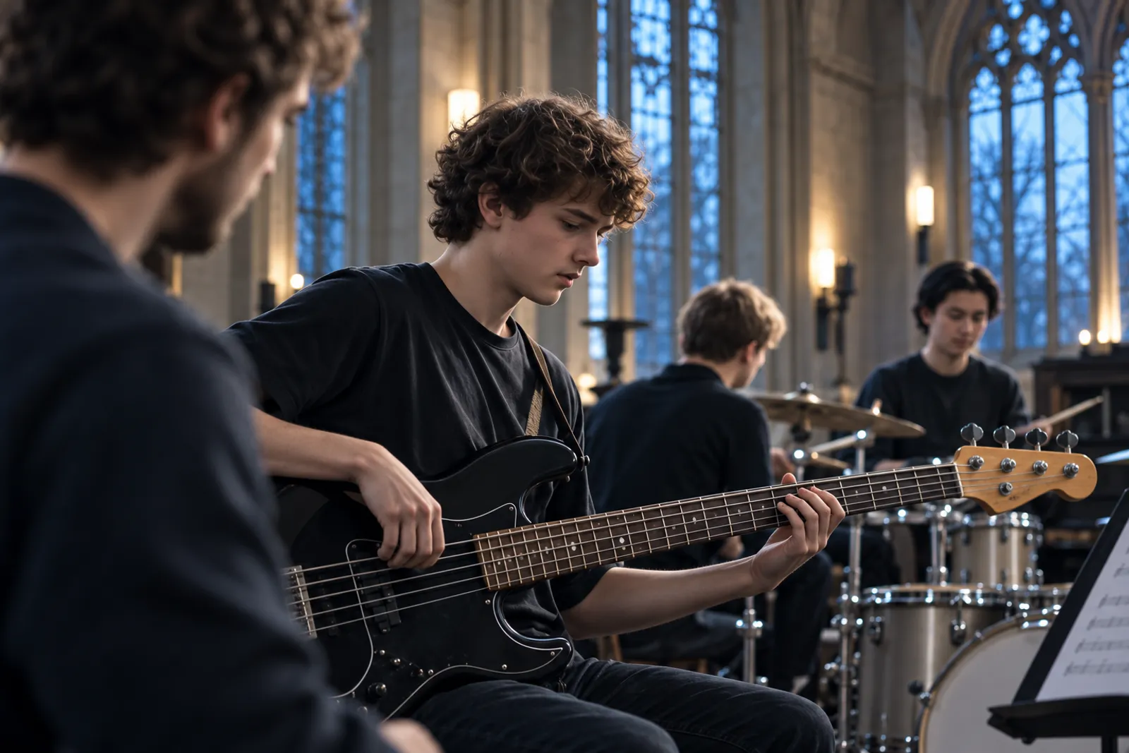 Callum playing an electric bass in a band rehearsal