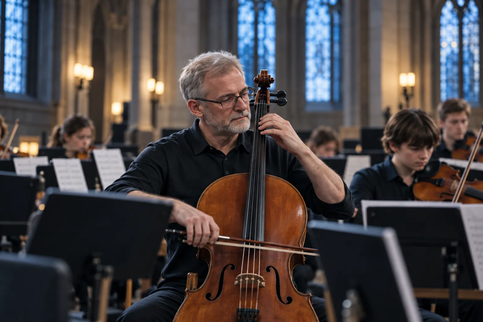 Martin playing the cello in an orchestra rehearsal among younger players