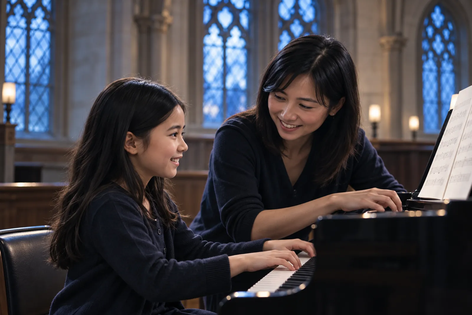 Maya and her teacher Mei smiling together at the piano