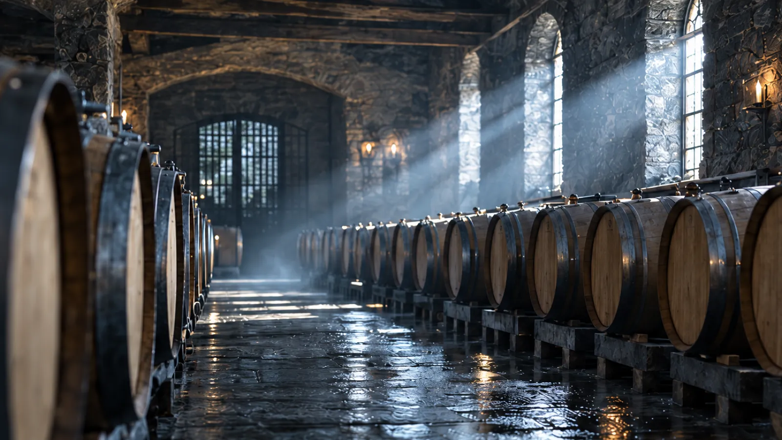A long vaulted stone cellar lined with oak barrels, morning light falling through arched windows onto a wet floor