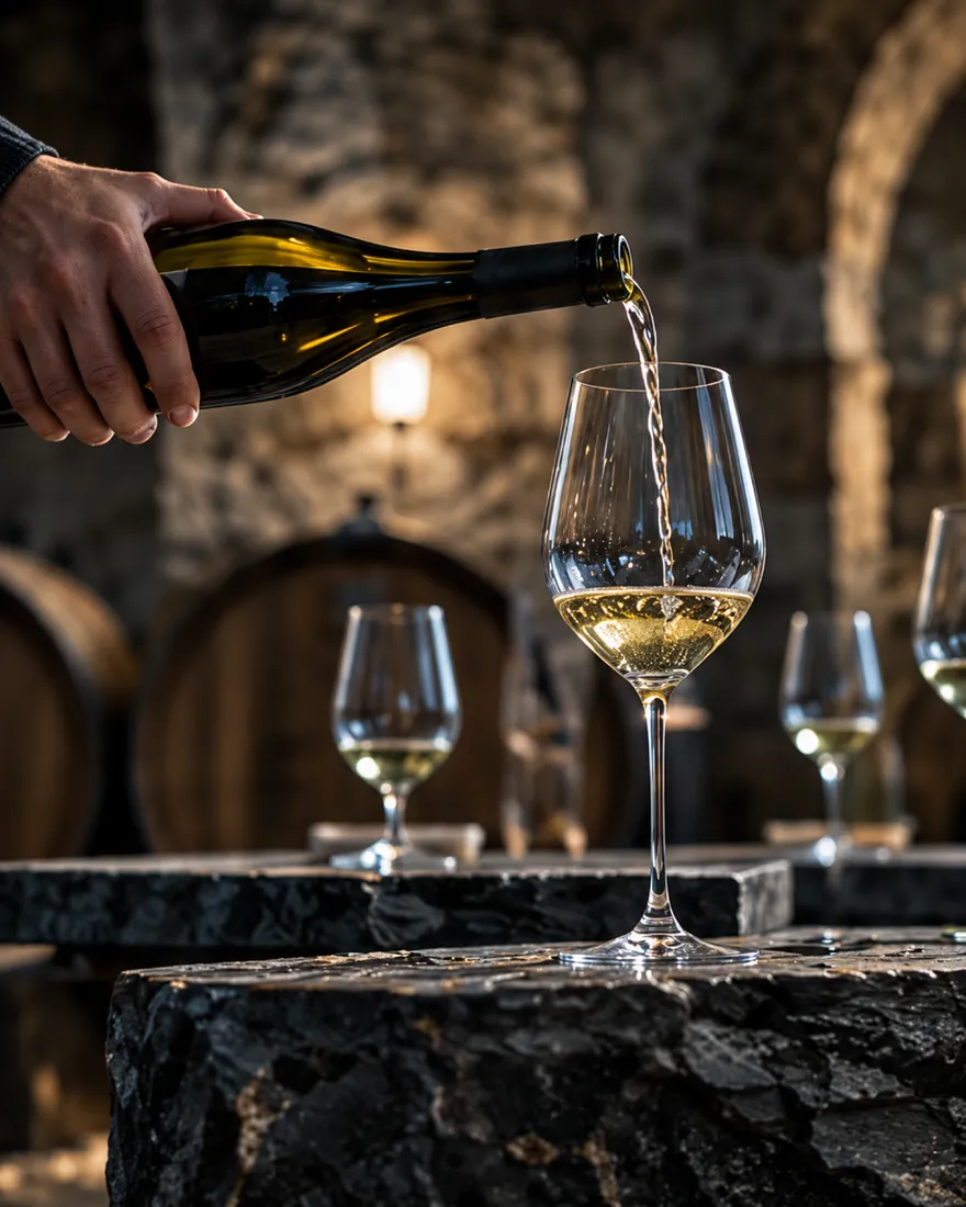 Riesling poured into a glass on a slate counter in the barrel cellar, more glasses waiting beside it