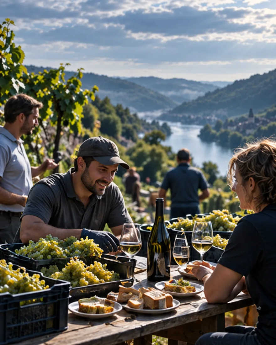 Harvest helpers at a lunch table in the vines with crates of grapes, bread and glasses, the river behind
