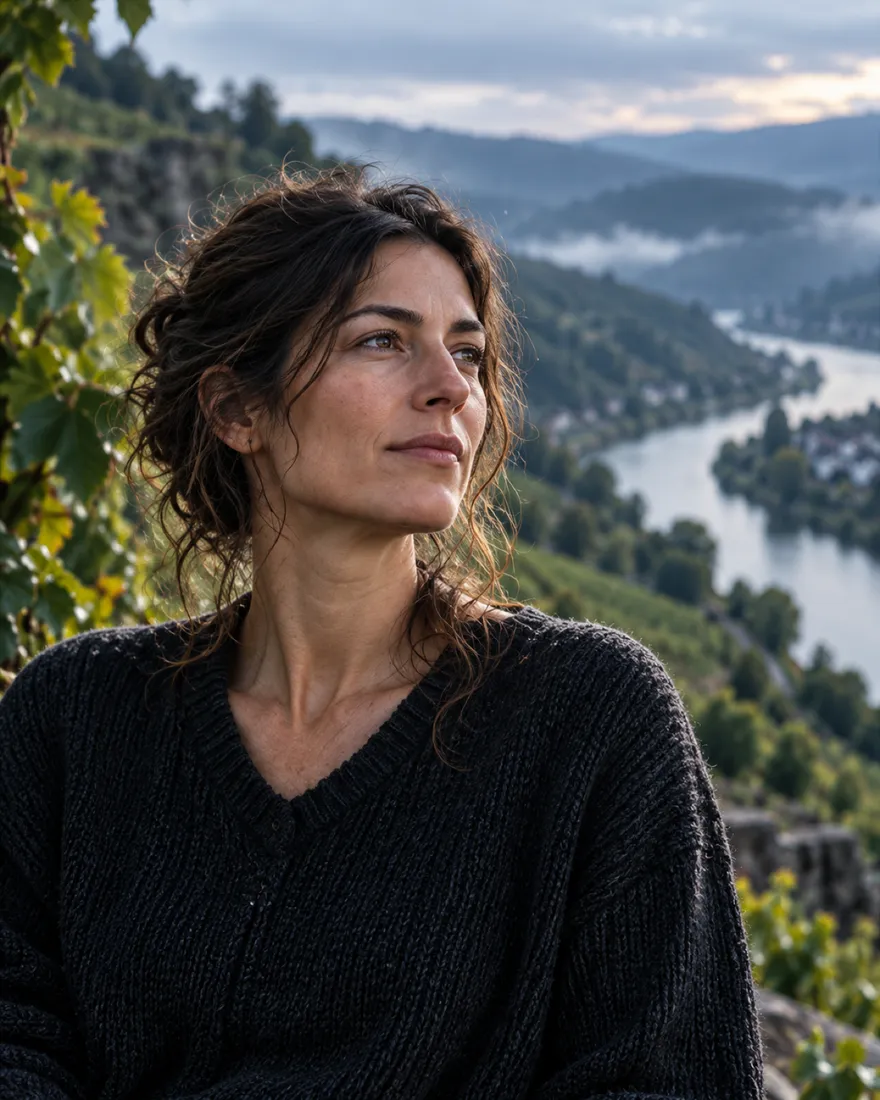 Livia Ferrandi in a dark knit jumper on the terraces, the river behind her