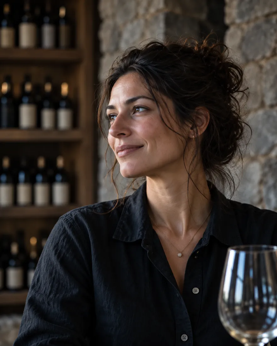 Marta Ruiz in the cellar shop, racks of bottles behind her and a wine glass at her side