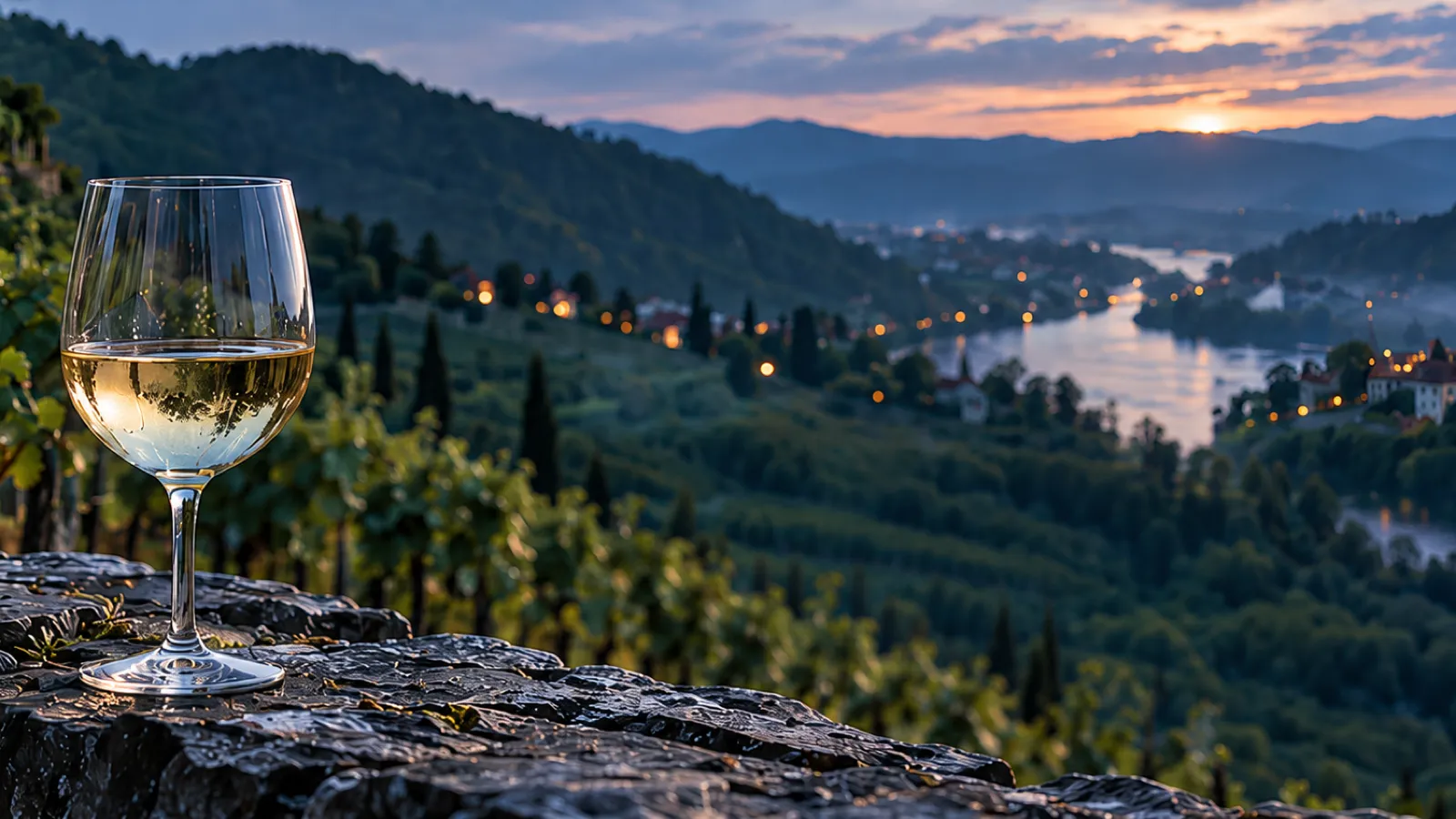 A glass of pale Riesling on a slate terrace wall at dusk, the river and the lights of the village below
