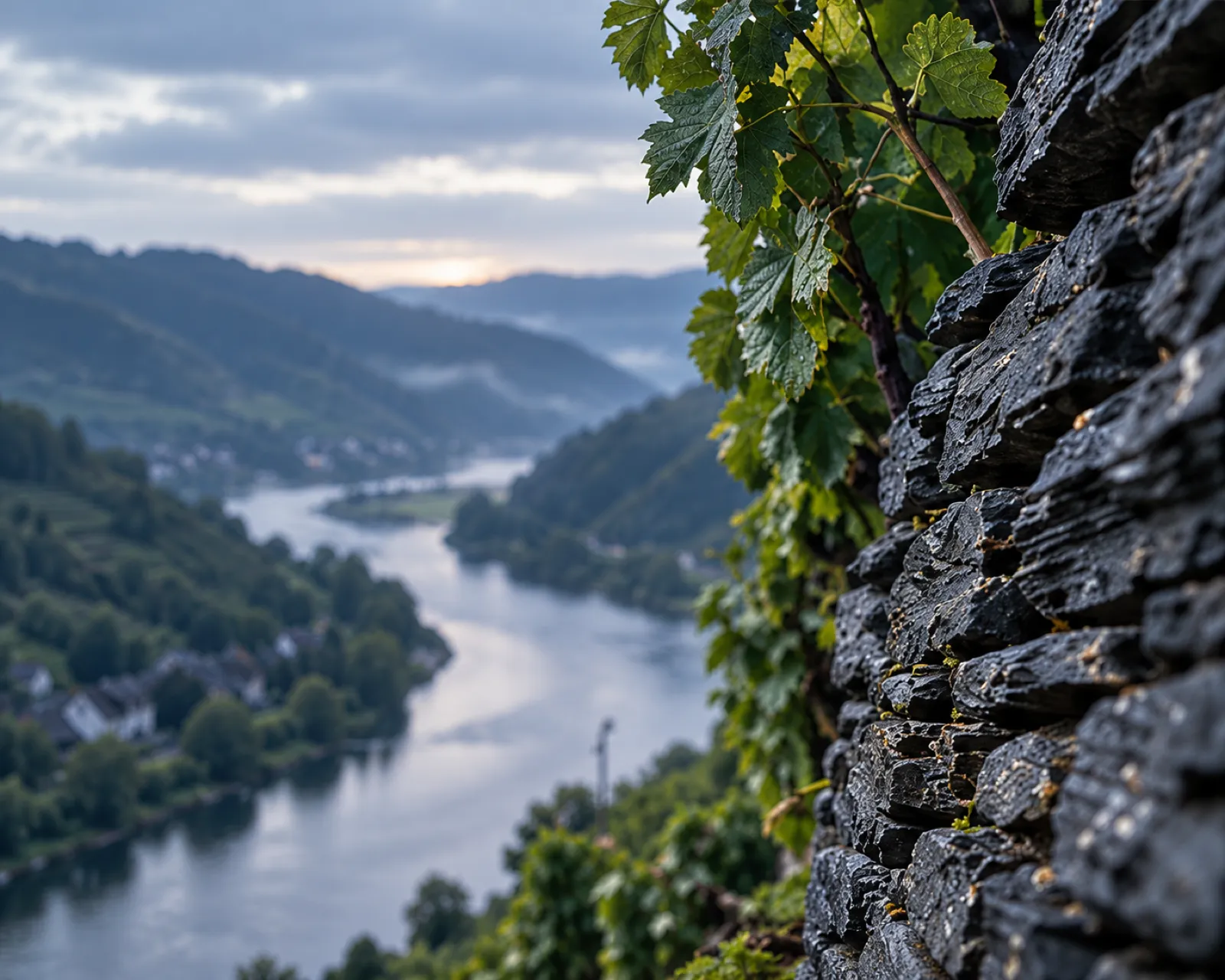The river far below, seen past a dark slate wall and vine leaves on the terraces