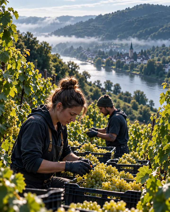 A woman picking white grapes into crates on the terraces in September, a second picker behind her
