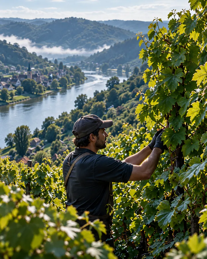 A man in a cap tending the green summer canopy high above the river