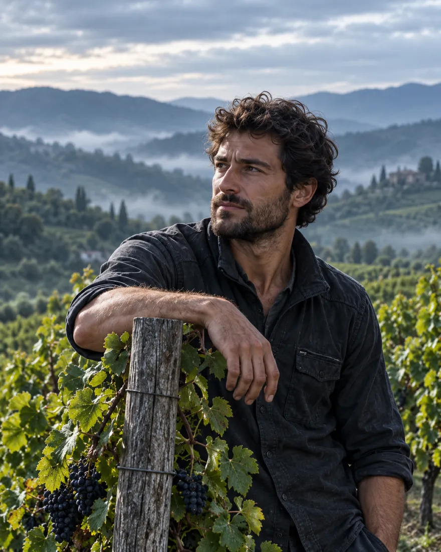 Teo Ferrandi leaning on a vine post in the terraces