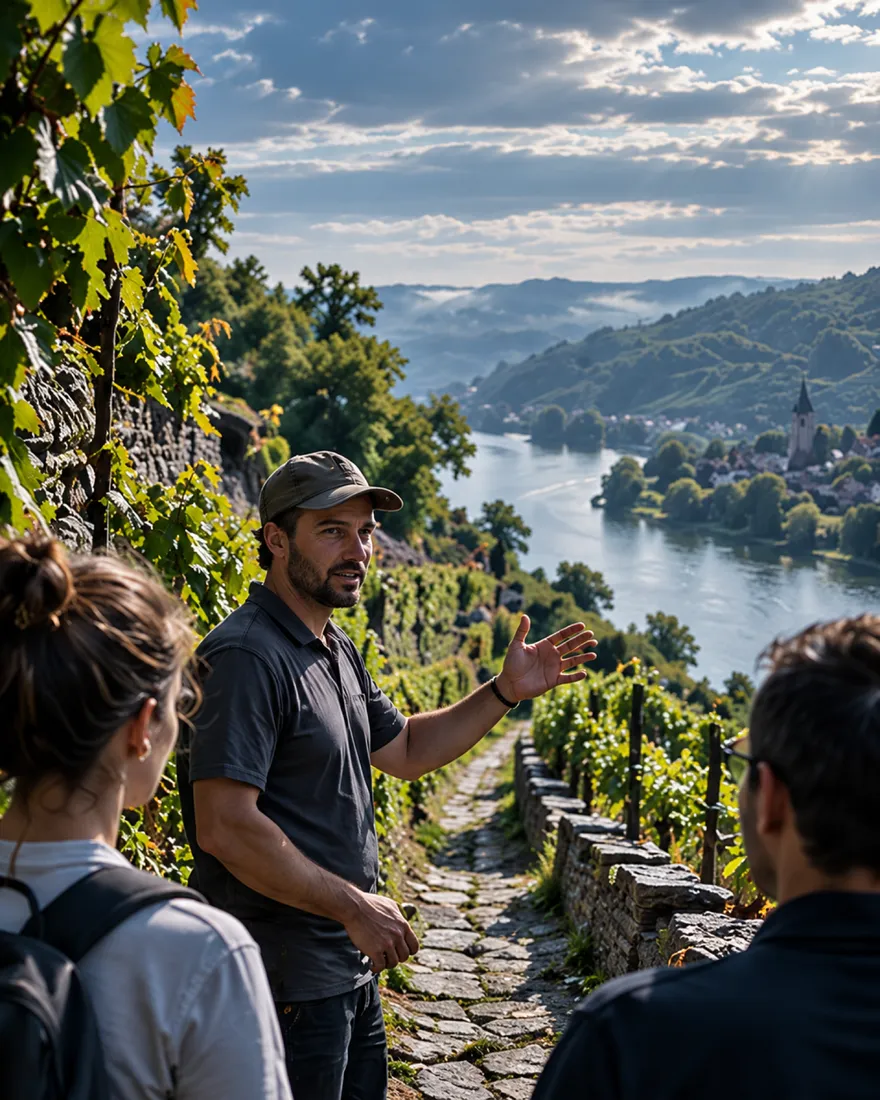 A guide in a cap talking to a small group of guests on a stone path through the terraces above the river