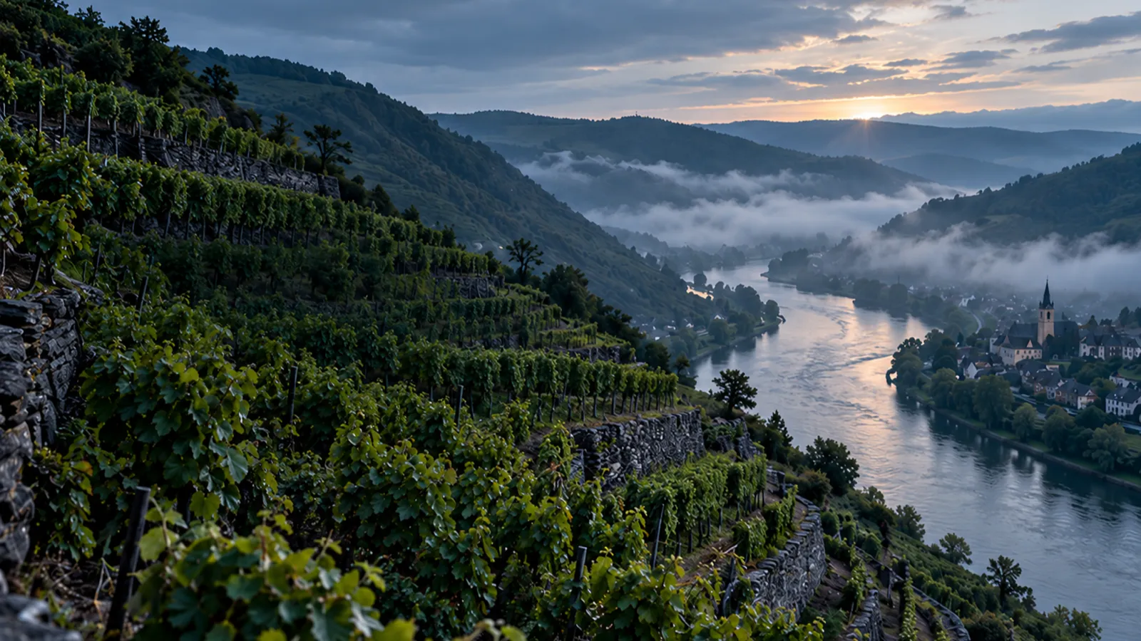 Steep slate vine terraces above a winding river at blue-hour dawn, mist in the valley and a village with a church tower on the far bank