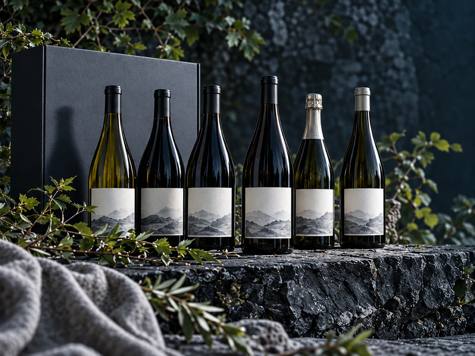 Six Vallorna bottles — whites, reds and a sparkling wine — standing on a slate ledge in front of a dark gift box