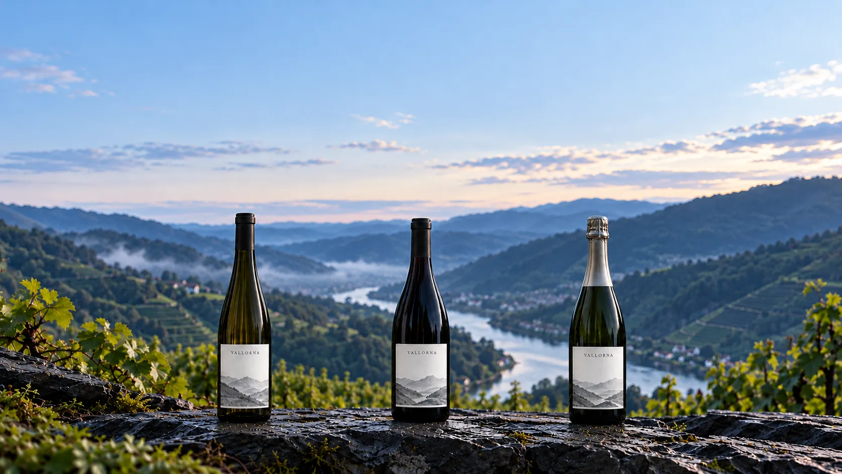 Three bottles of Vallorna — a Riesling, a Pinot Noir and a sparkling wine — standing on a slate ledge above the river valley