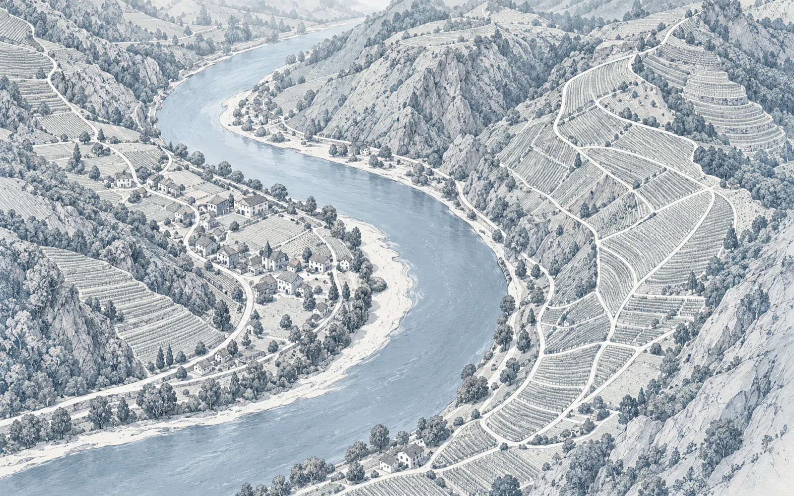 A pale blue-grey drawn map of the river bending through the valley, vine terraces and a small village from above