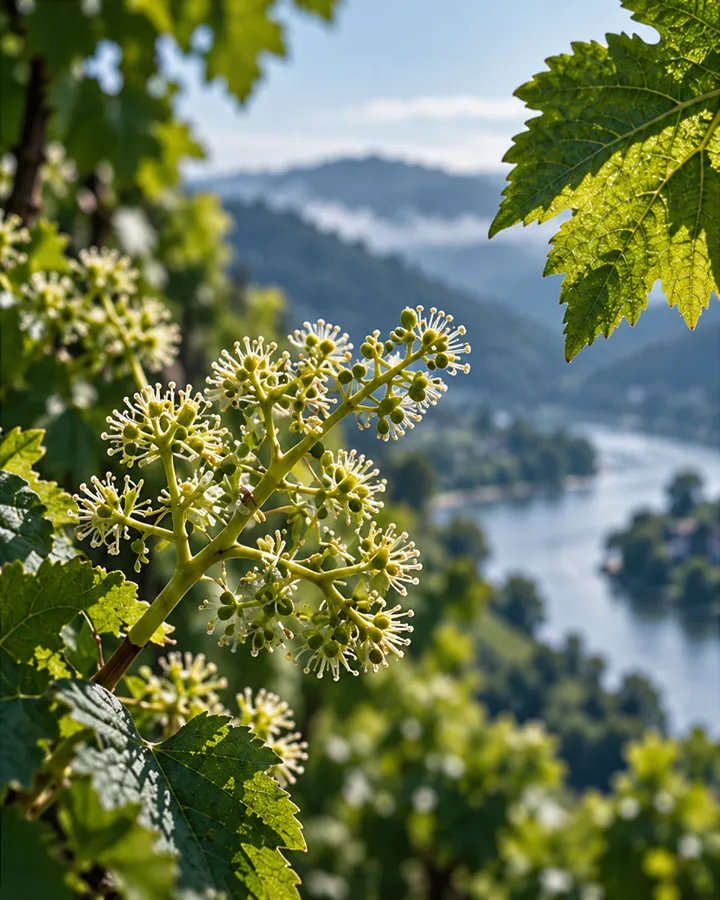 Vine flowers opening among young leaves, the river valley soft behind