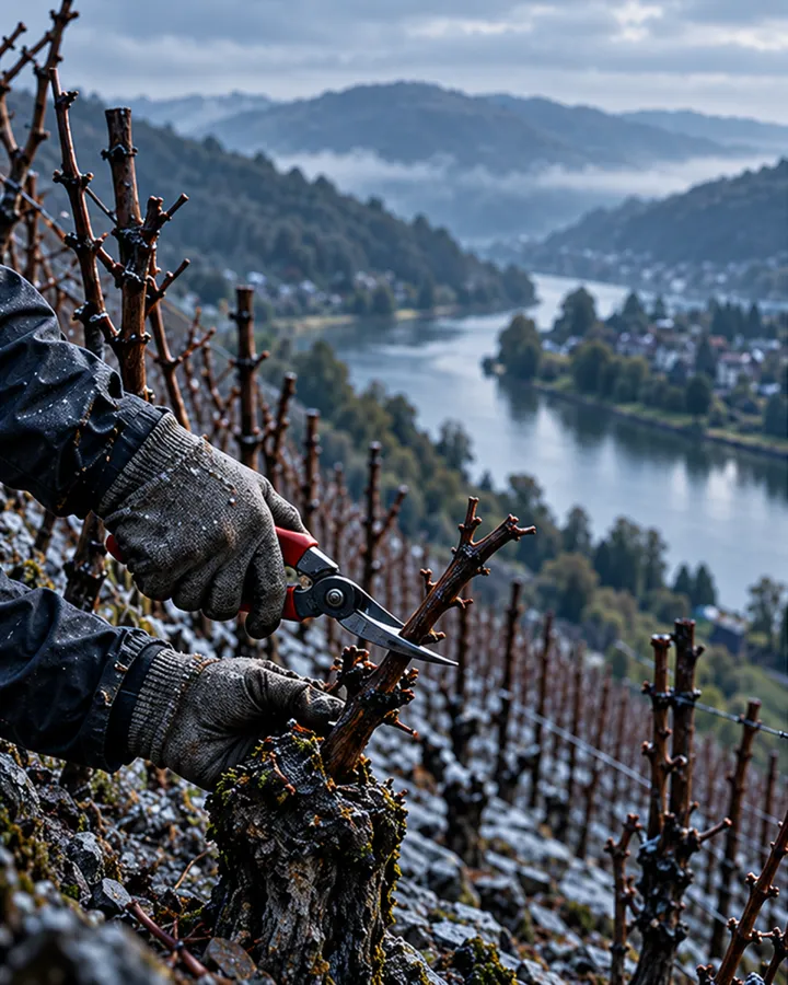 Gloved hands pruning a bare winter vine with secateurs above the misty river