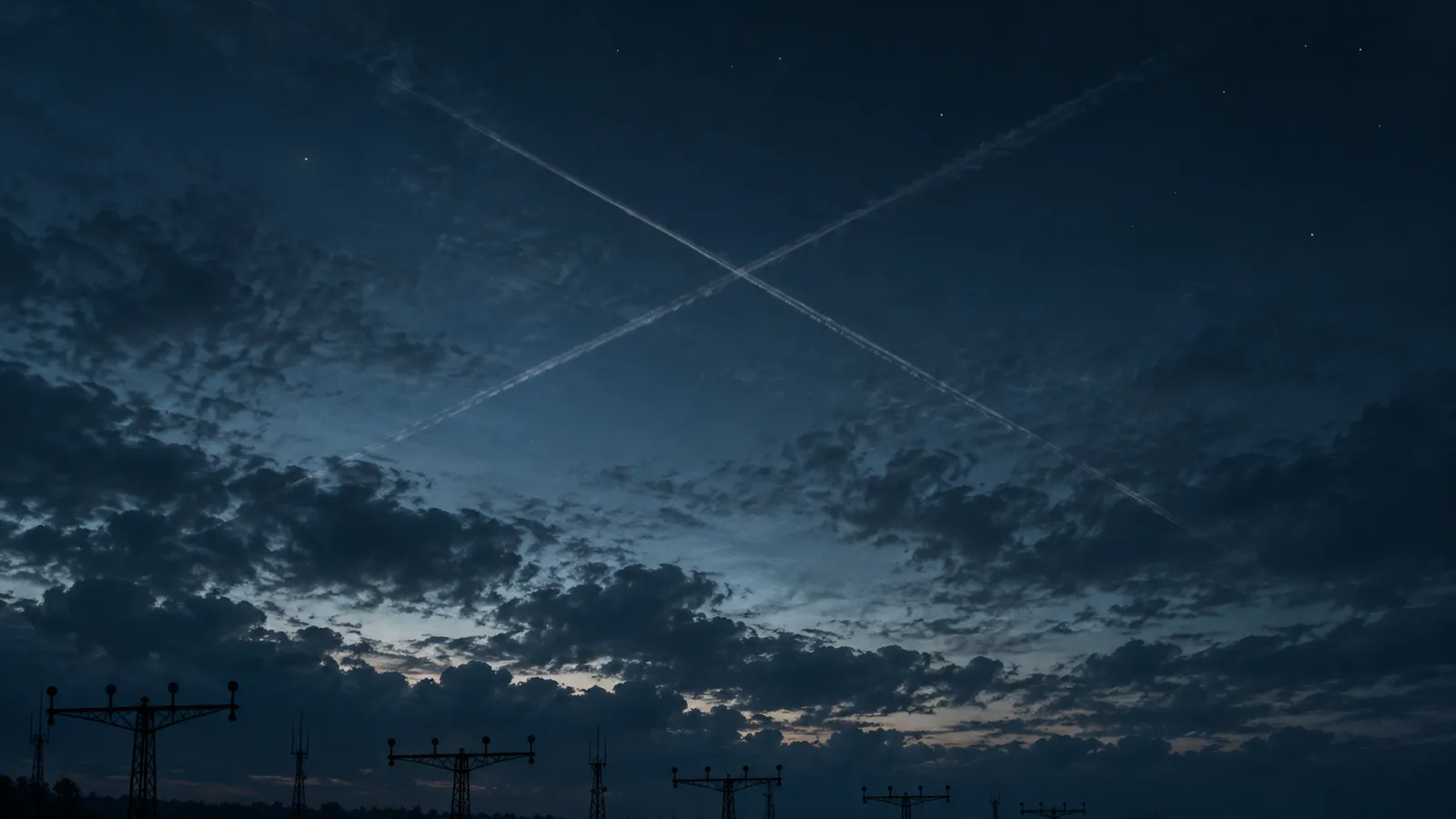 Two thin contrails crossing a cold blue-hour sky above the dark silhouettes of approach-light gantries