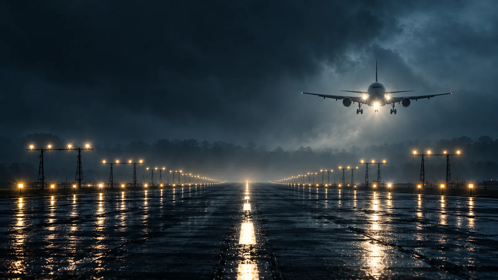 A passenger jet on final approach with its landing lights on, above a wet runway whose centreline lights run into the fog between rows of approach-light gantries