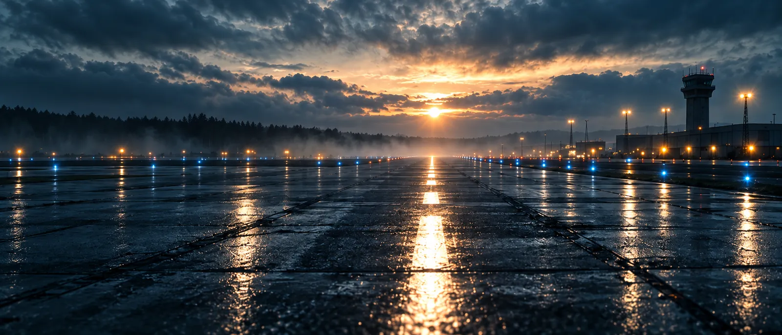 A runway at dawn seen down its centreline, the sun rising at the far end under a band of cloud, the tower and lights at the edge