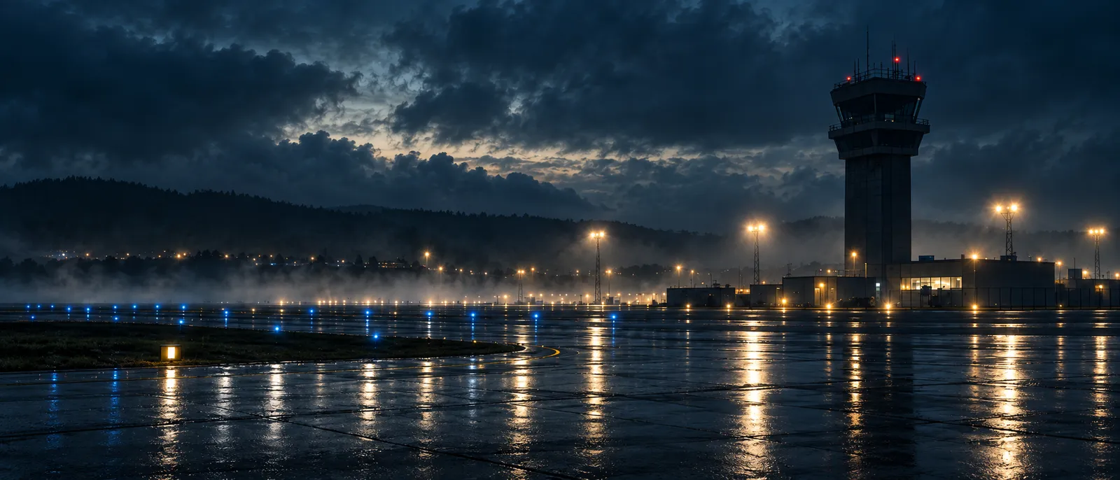 An airfield control tower with dark windows at dusk under low storm clouds, floodlights and blue taxiway lights reflected on the wet tarmac