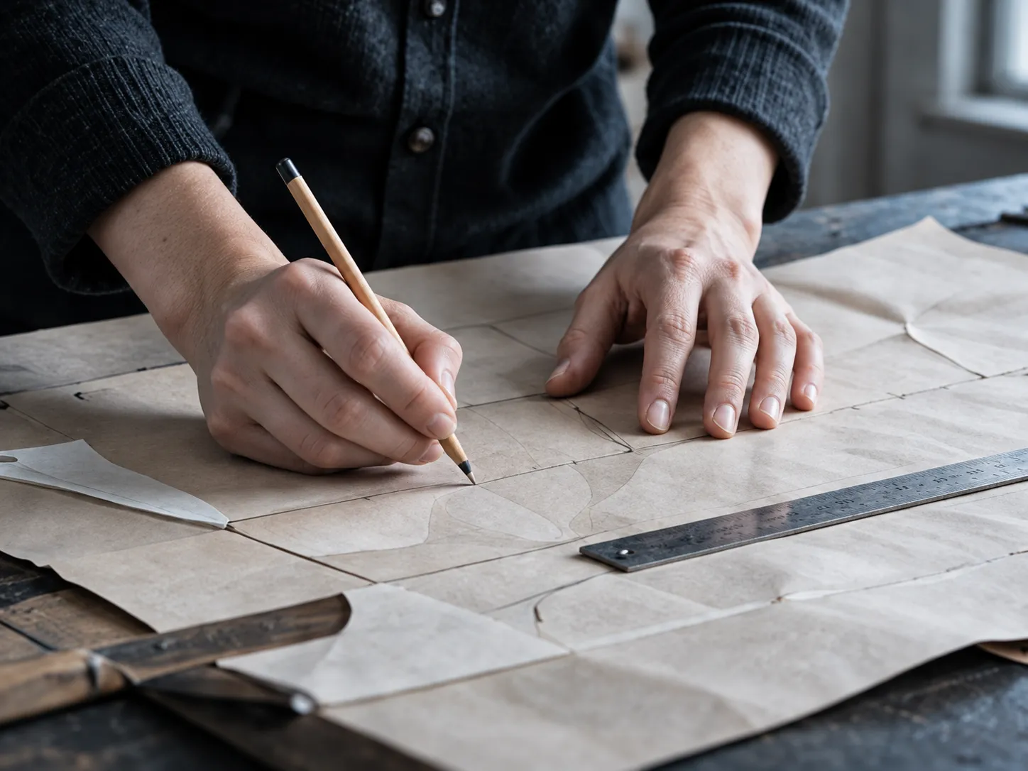 Hands drawing a paper pattern with a pencil along a steel ruler