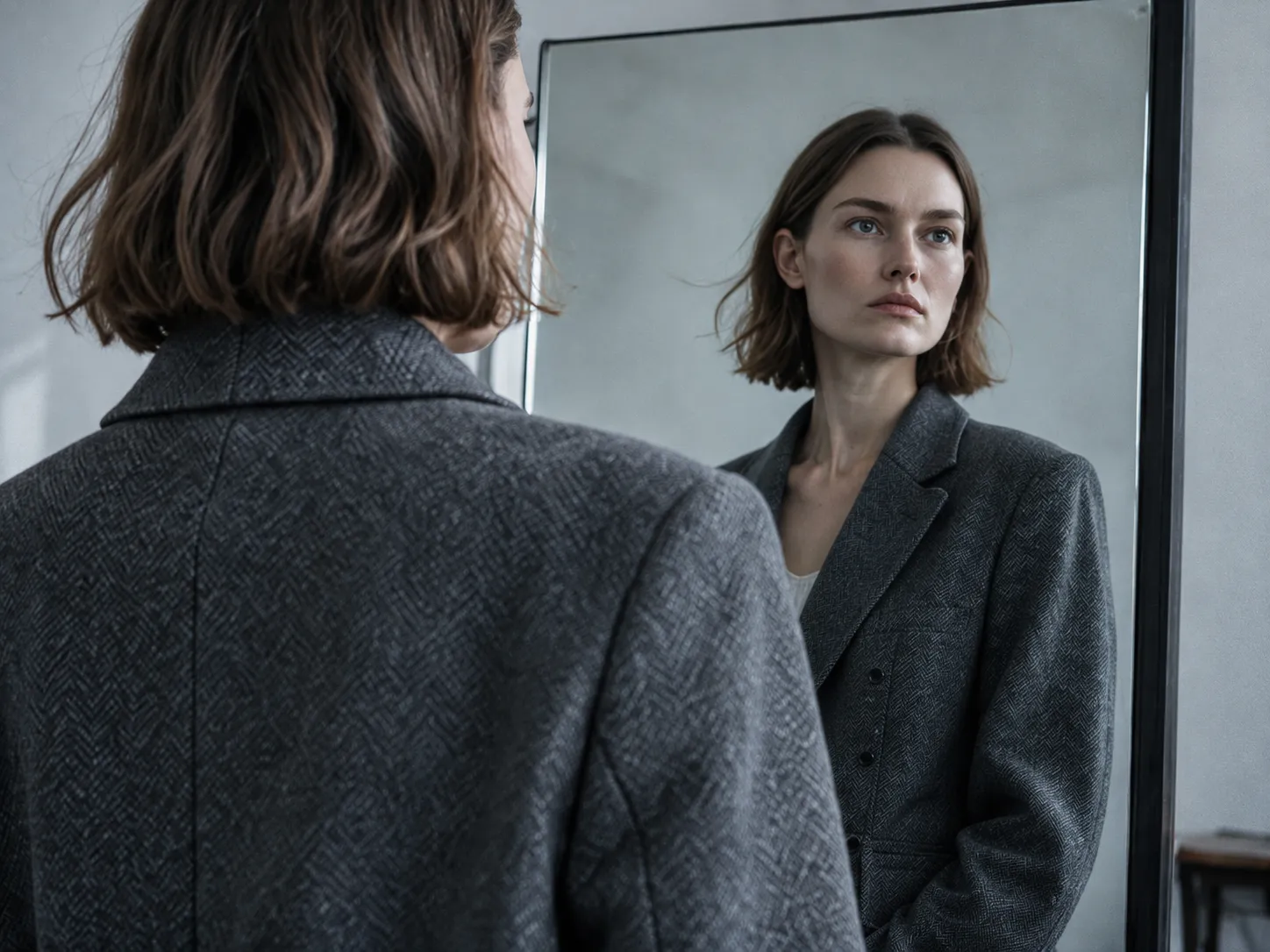 A woman in a slate jacket seen from behind before a plain mirror, her reflection looking back