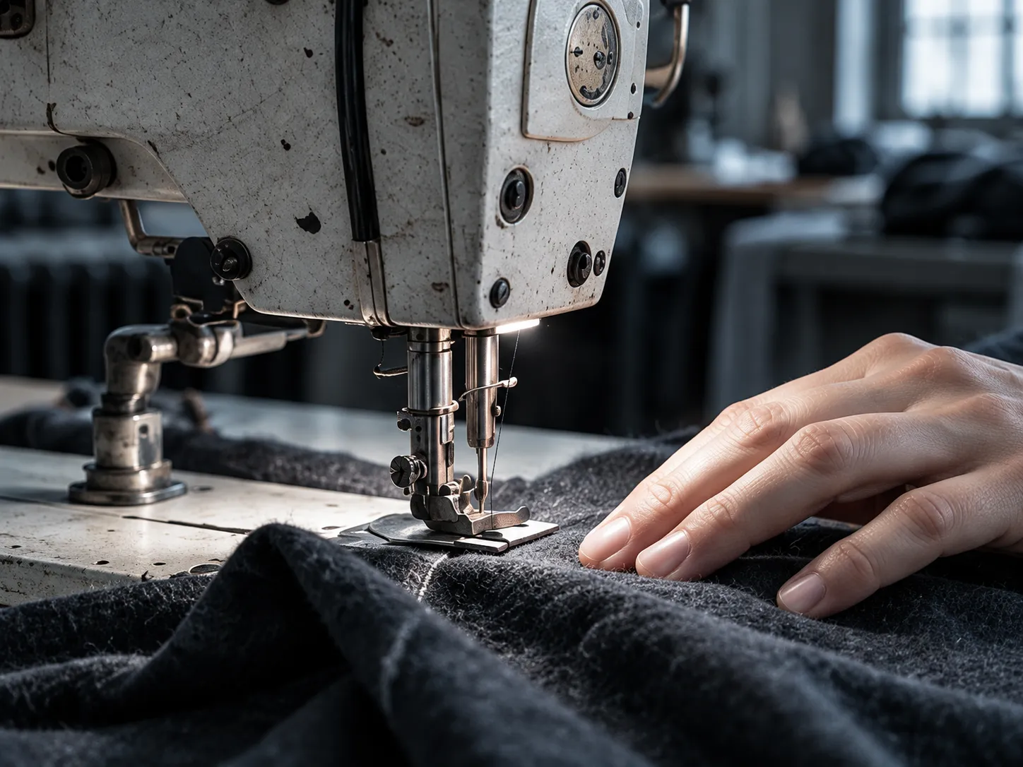 Hands guiding charcoal wool under the foot of an old sewing machine
