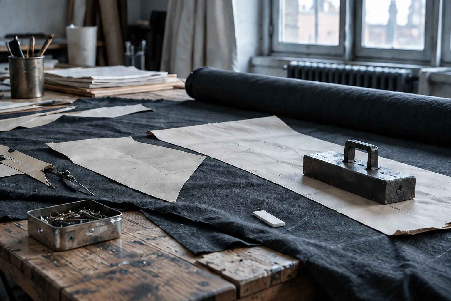The studio's cutting table in cool daylight: charcoal cloth, paper patterns, a pattern weight and a tin of pins