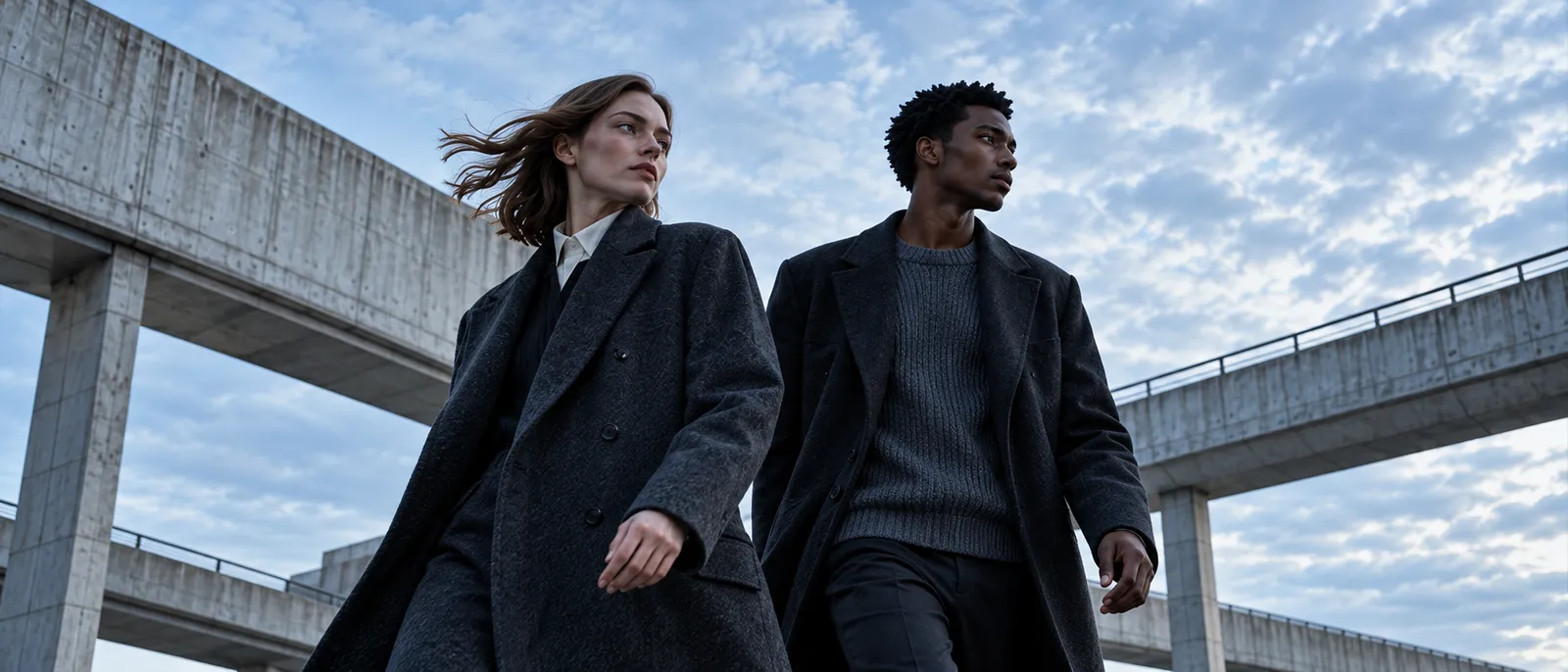Two models in dark coats crossing a windblown concrete passage under a pale northern sky